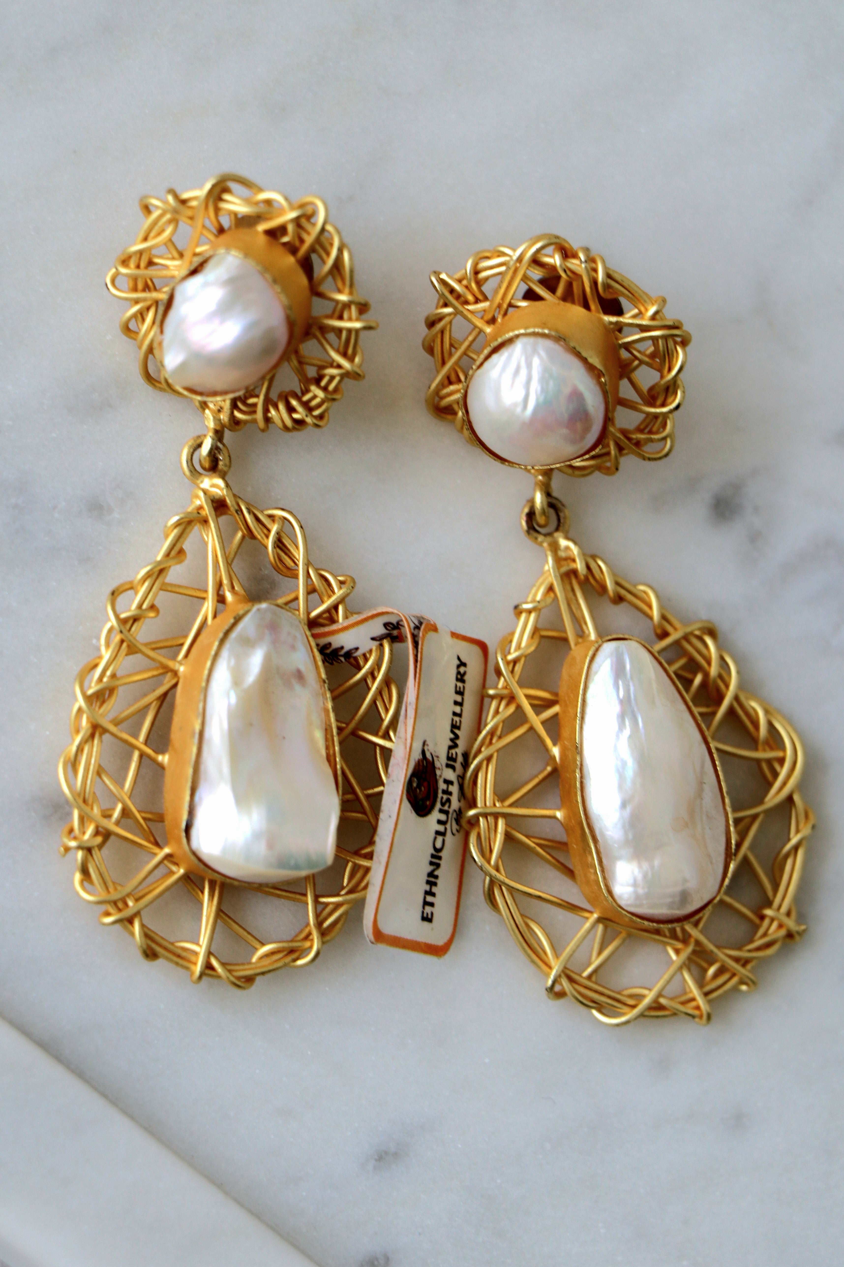 Golden Pearl Lattice Statement Earrings