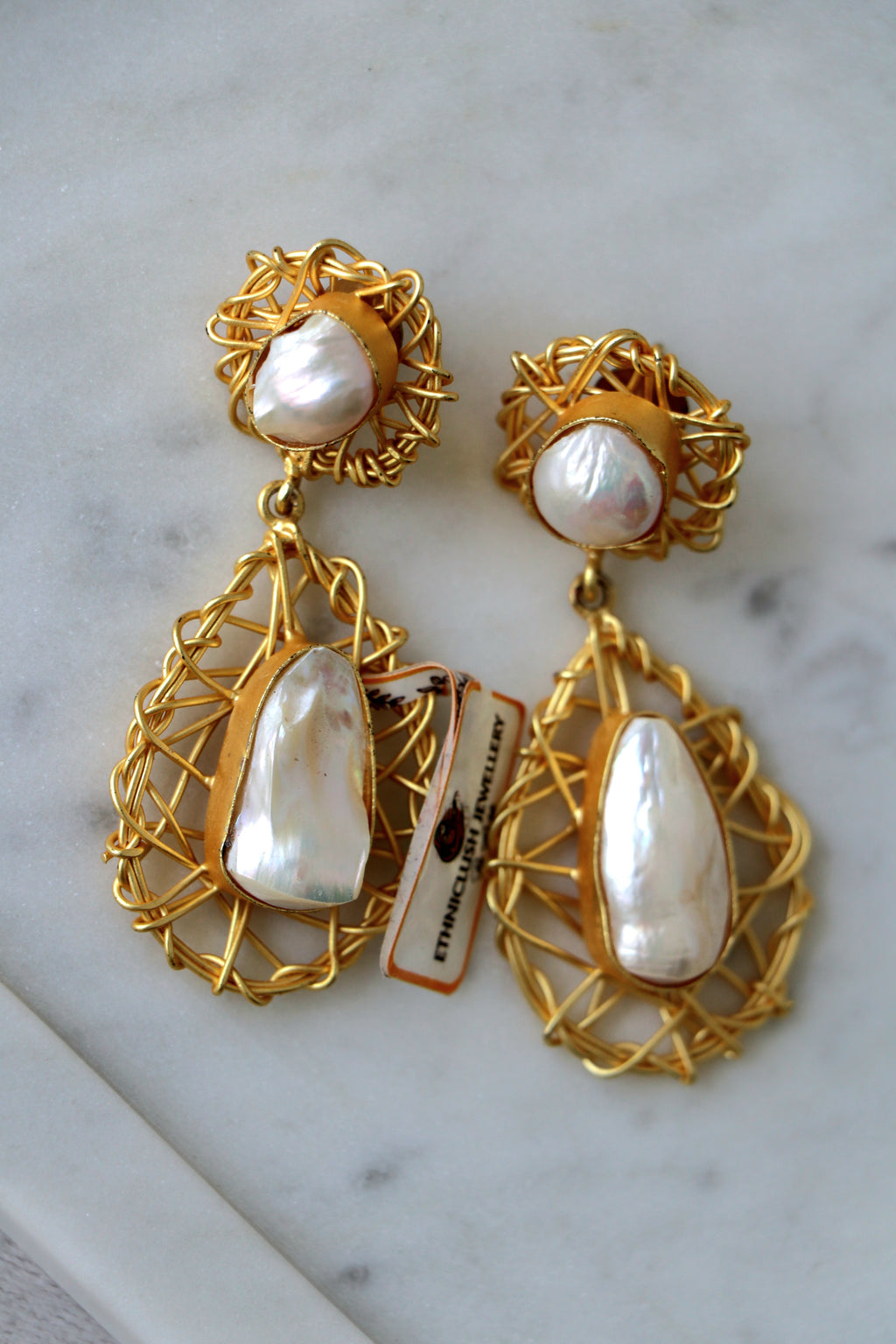 Golden Pearl Lattice Statement Earrings