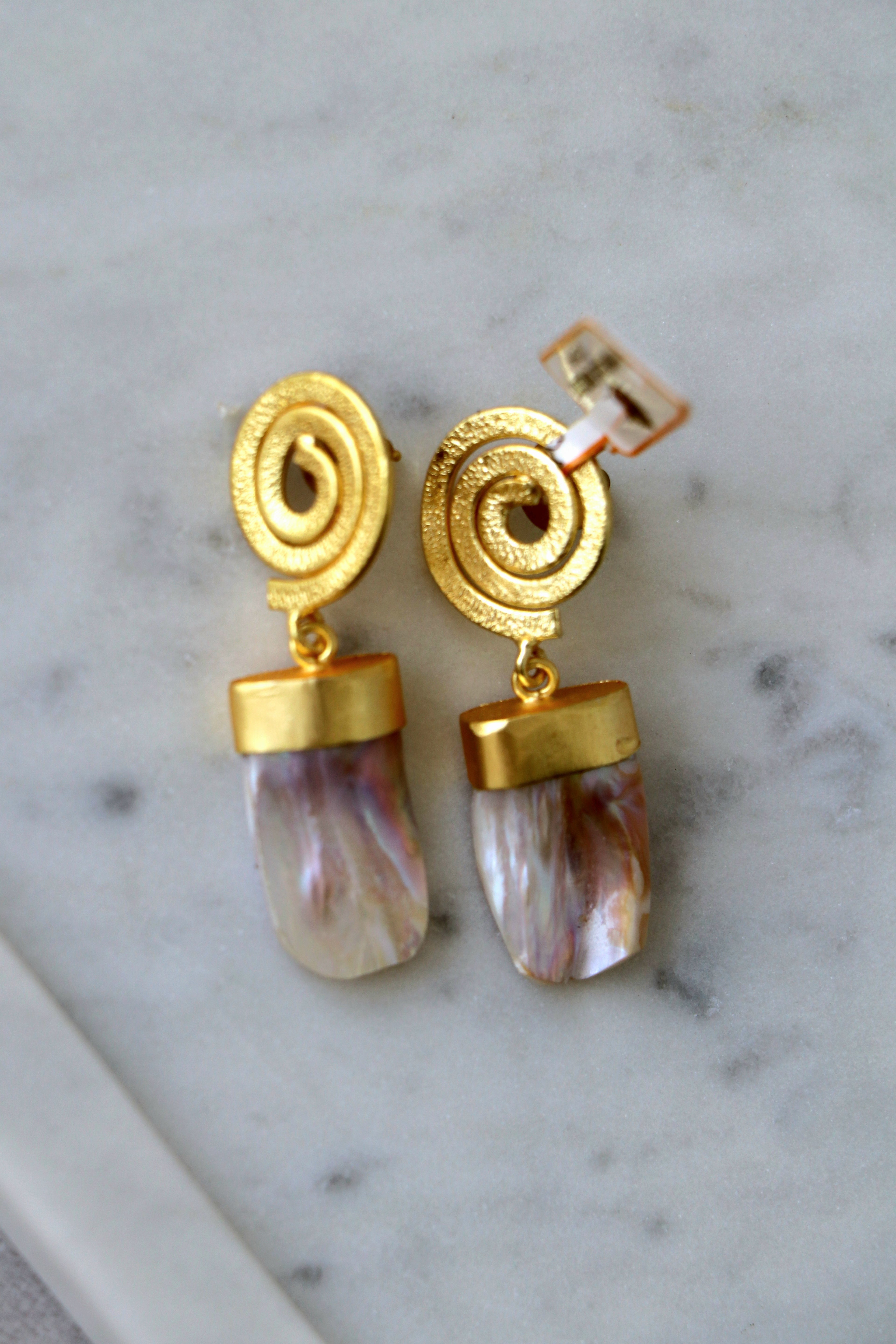 Golden Spiral Pearl Drop Earrings