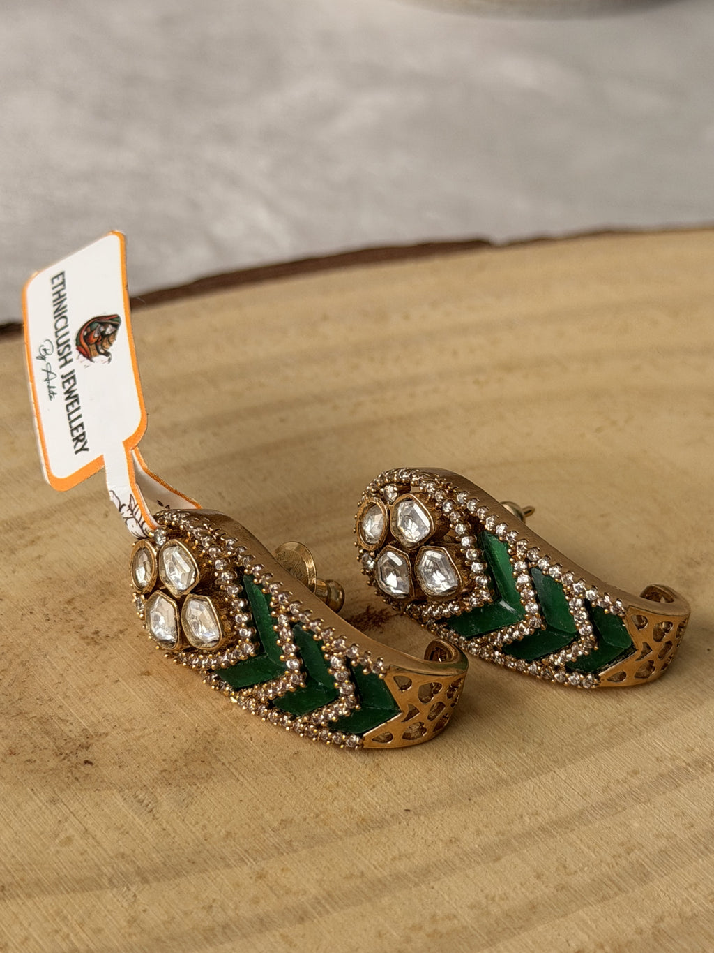 Green stone Thakkar kundan Statement Earrings