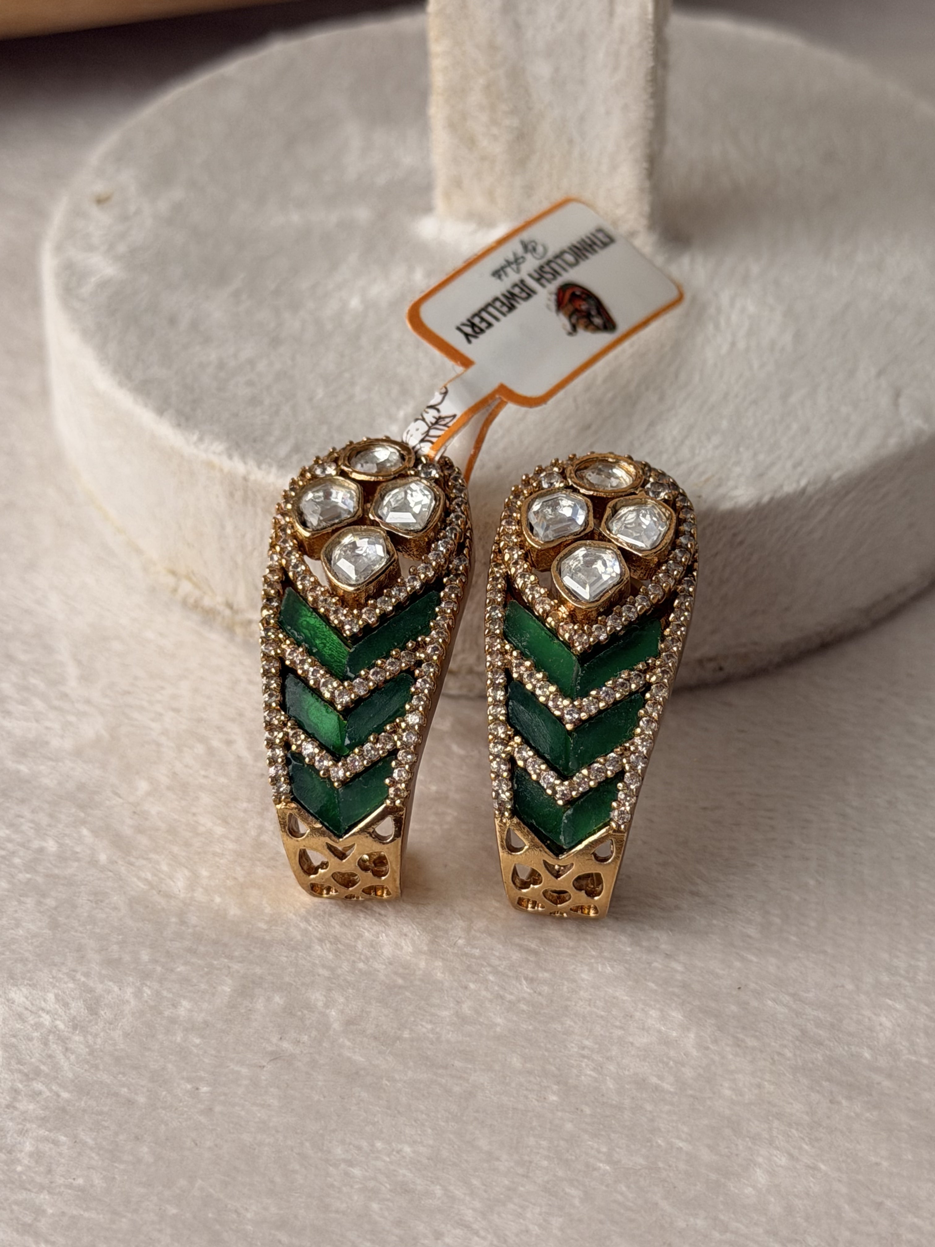 Green stone Thakkar kundan Statement Earrings