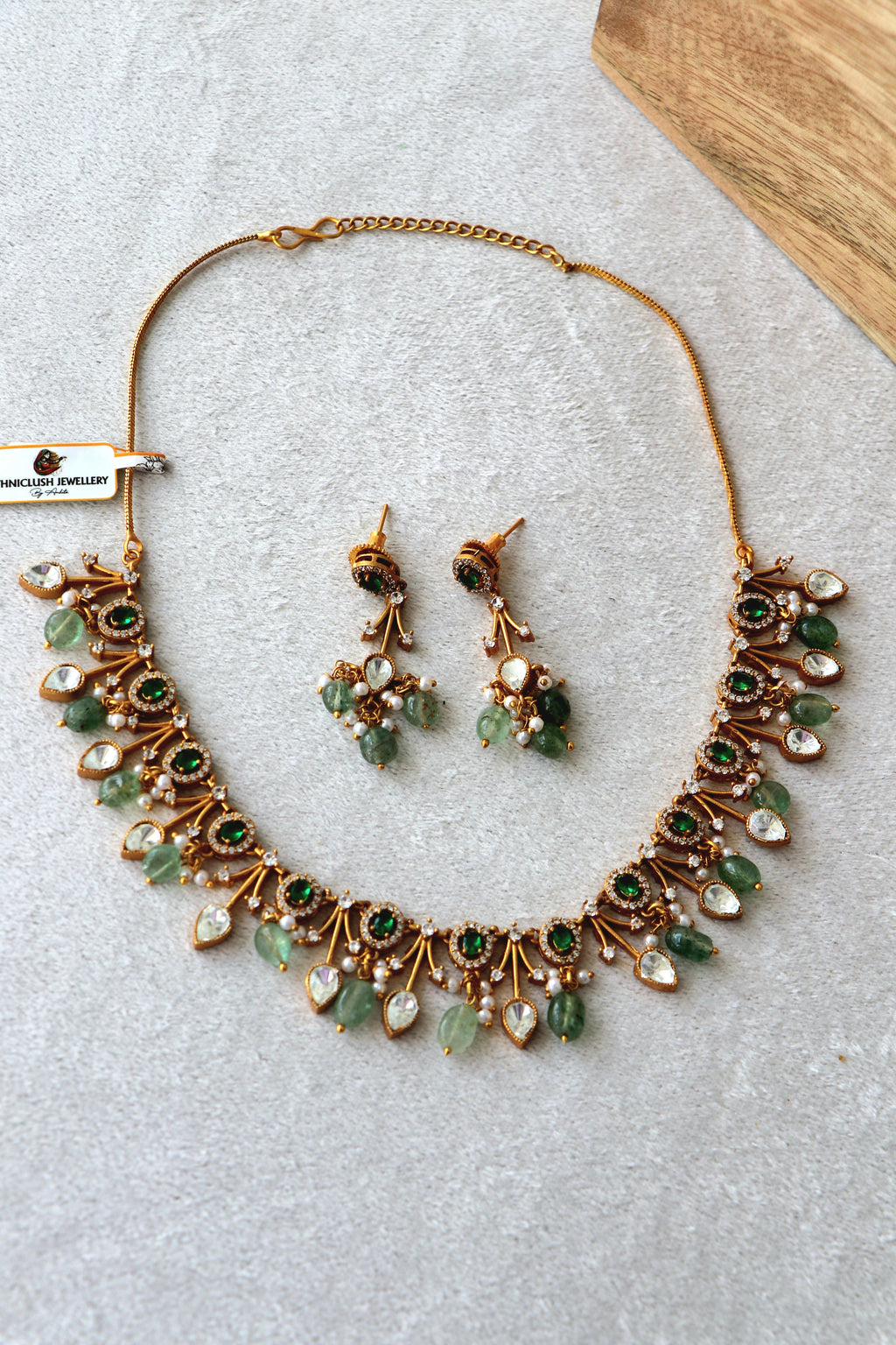 Green jade stone kundan Gold Necklace Earring Set