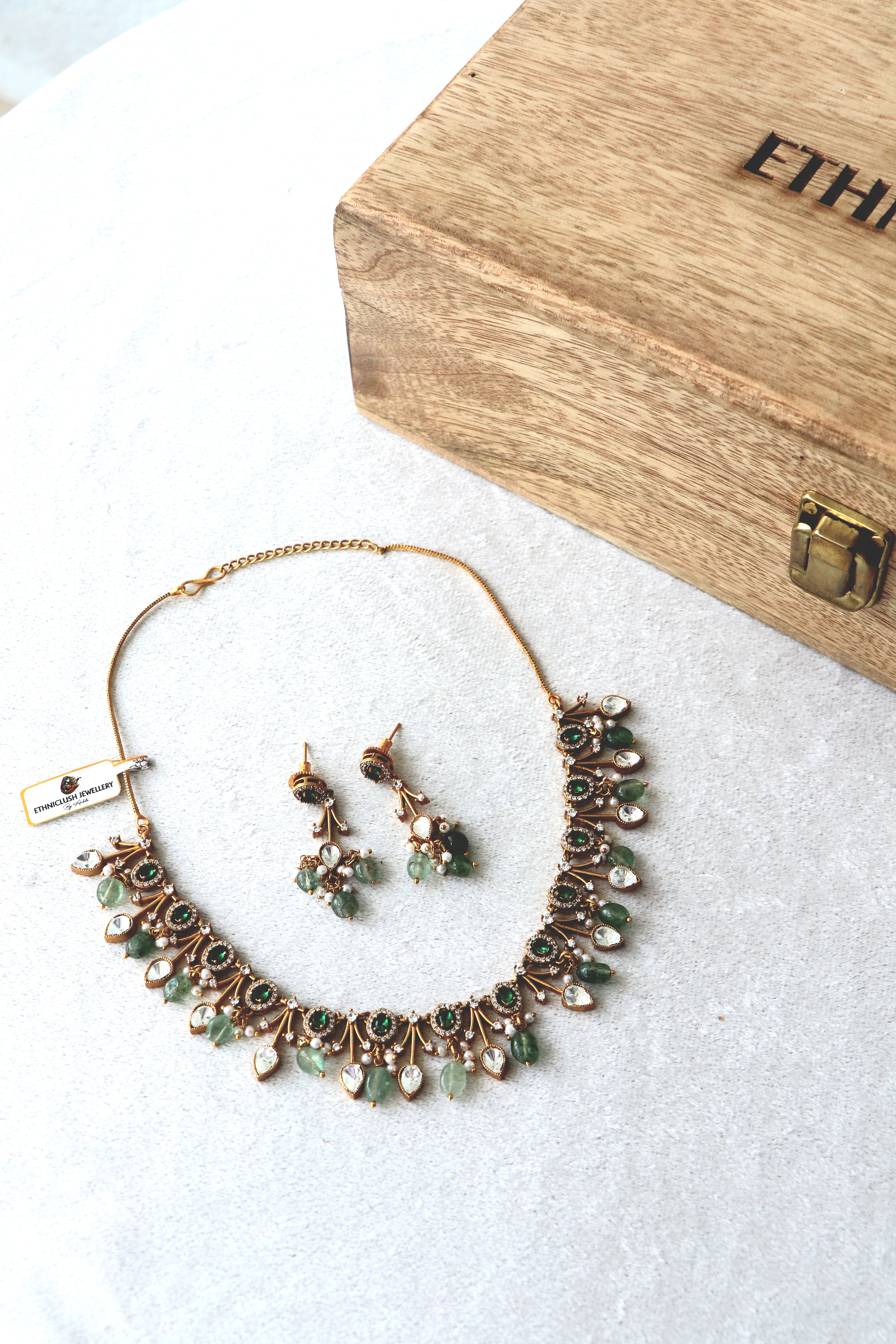Green jade stone kundan Gold Necklace Earring Set