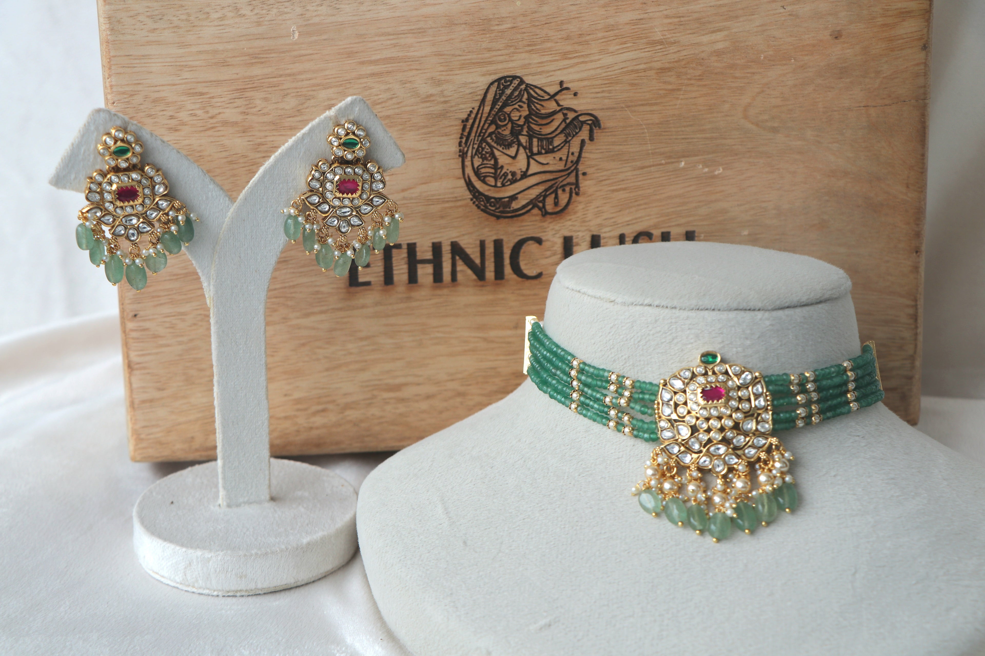 Ruby Green Gold Kundan Piroyi Choker Set