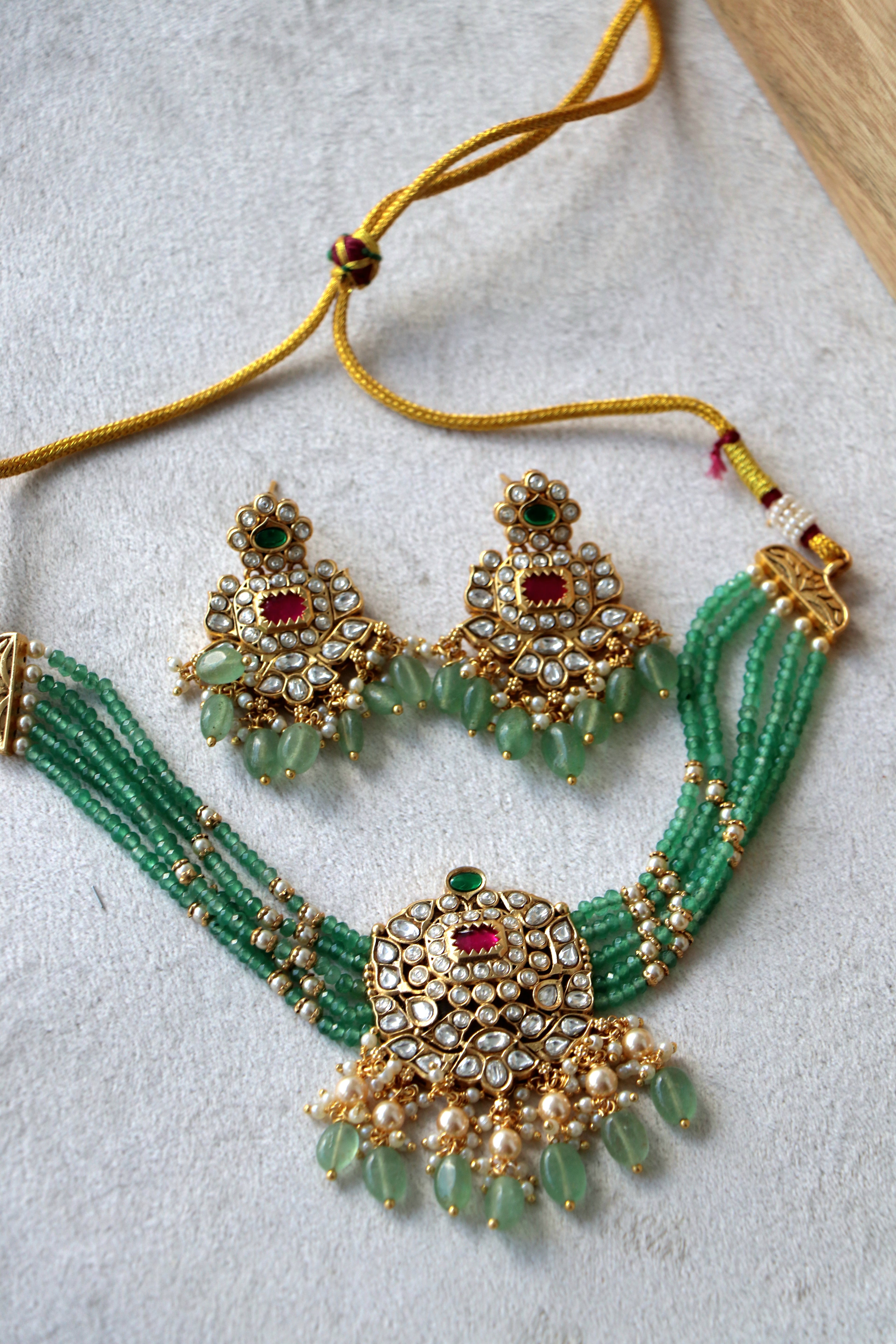 Ruby Green Gold Kundan Piroyi Choker Set