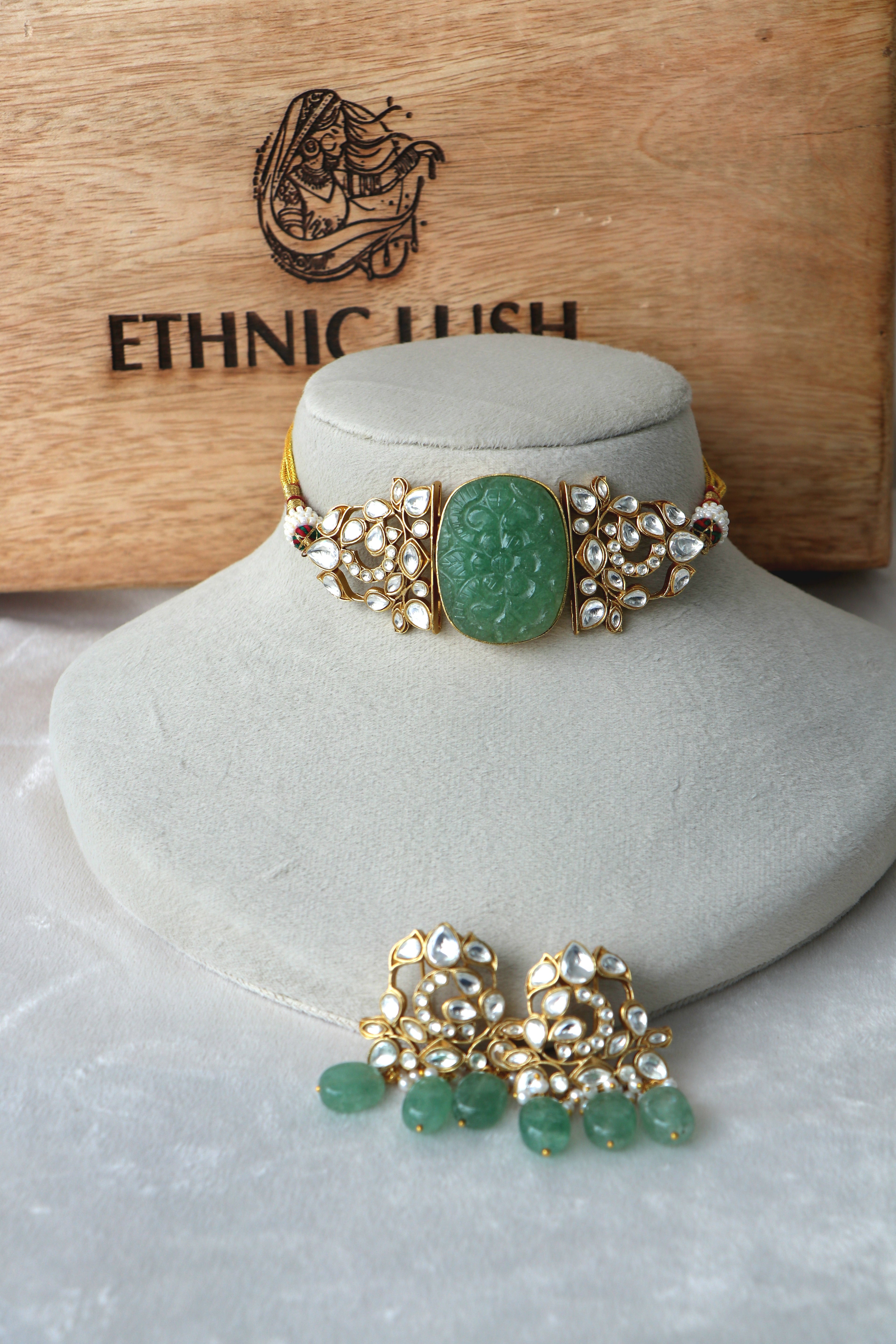 Carved Green Jade Stone Choker  Earring Set