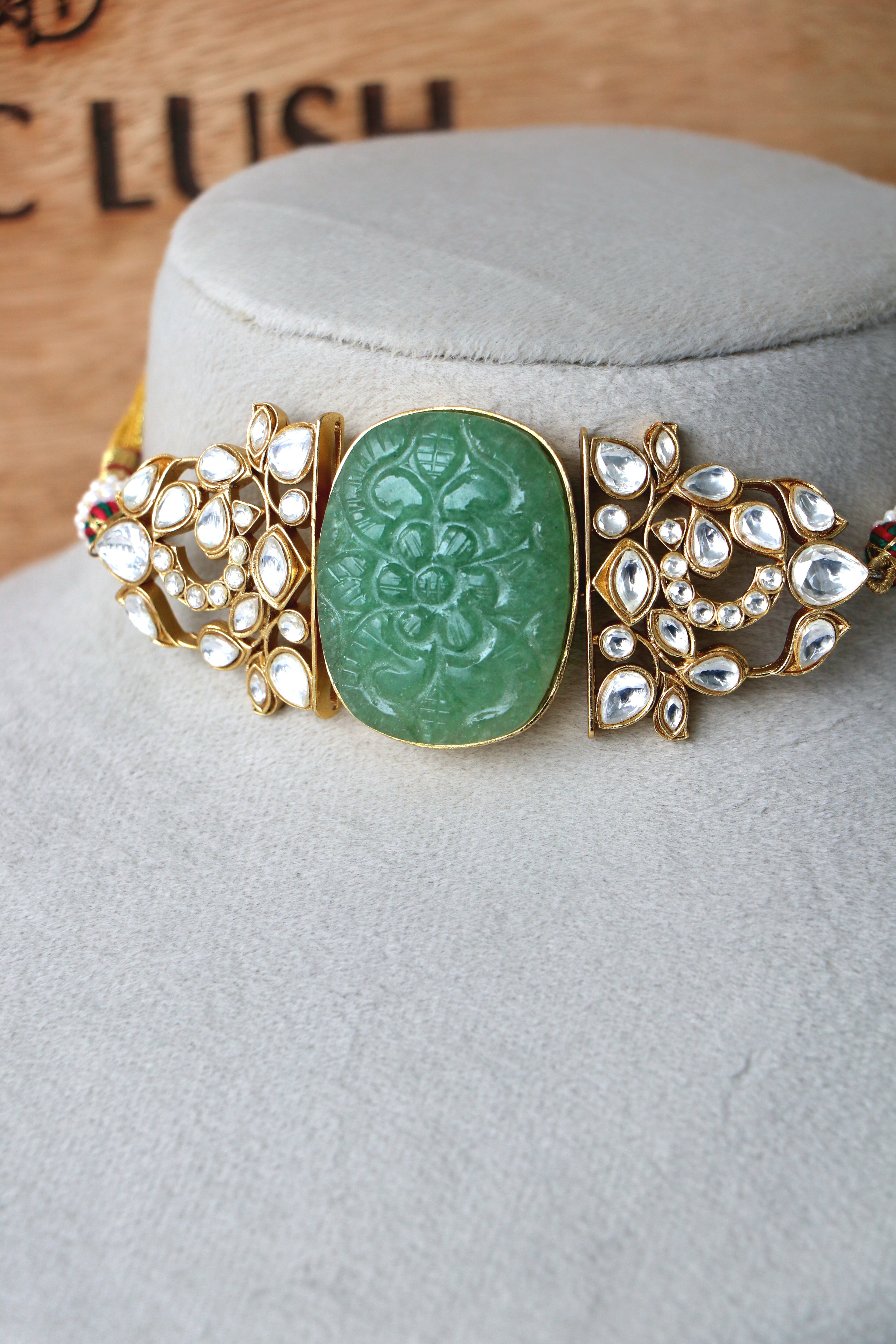 Carved Green Jade Stone Choker  Earring Set