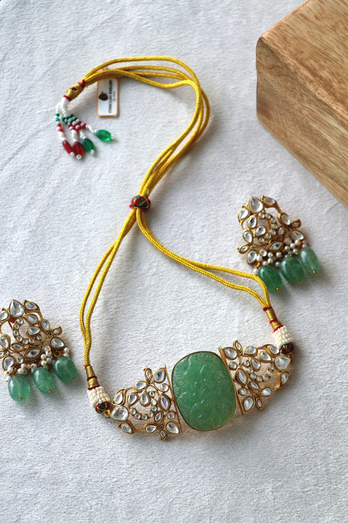 Carved Green Jade Stone Choker  Earring Set