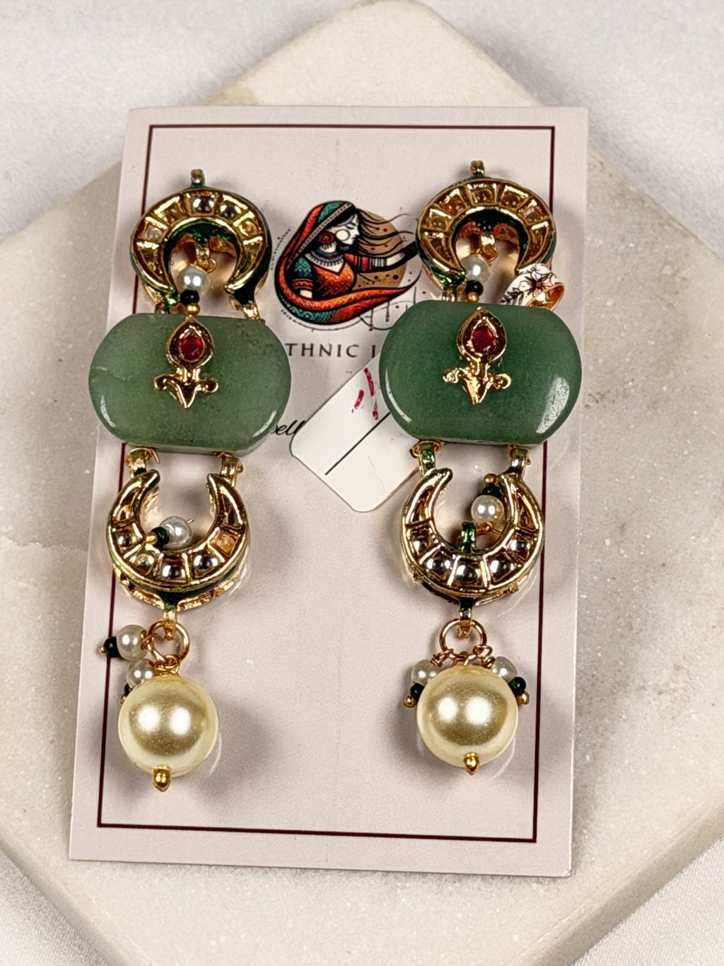 Green Stone Pearl Drop Ethnic Earrings