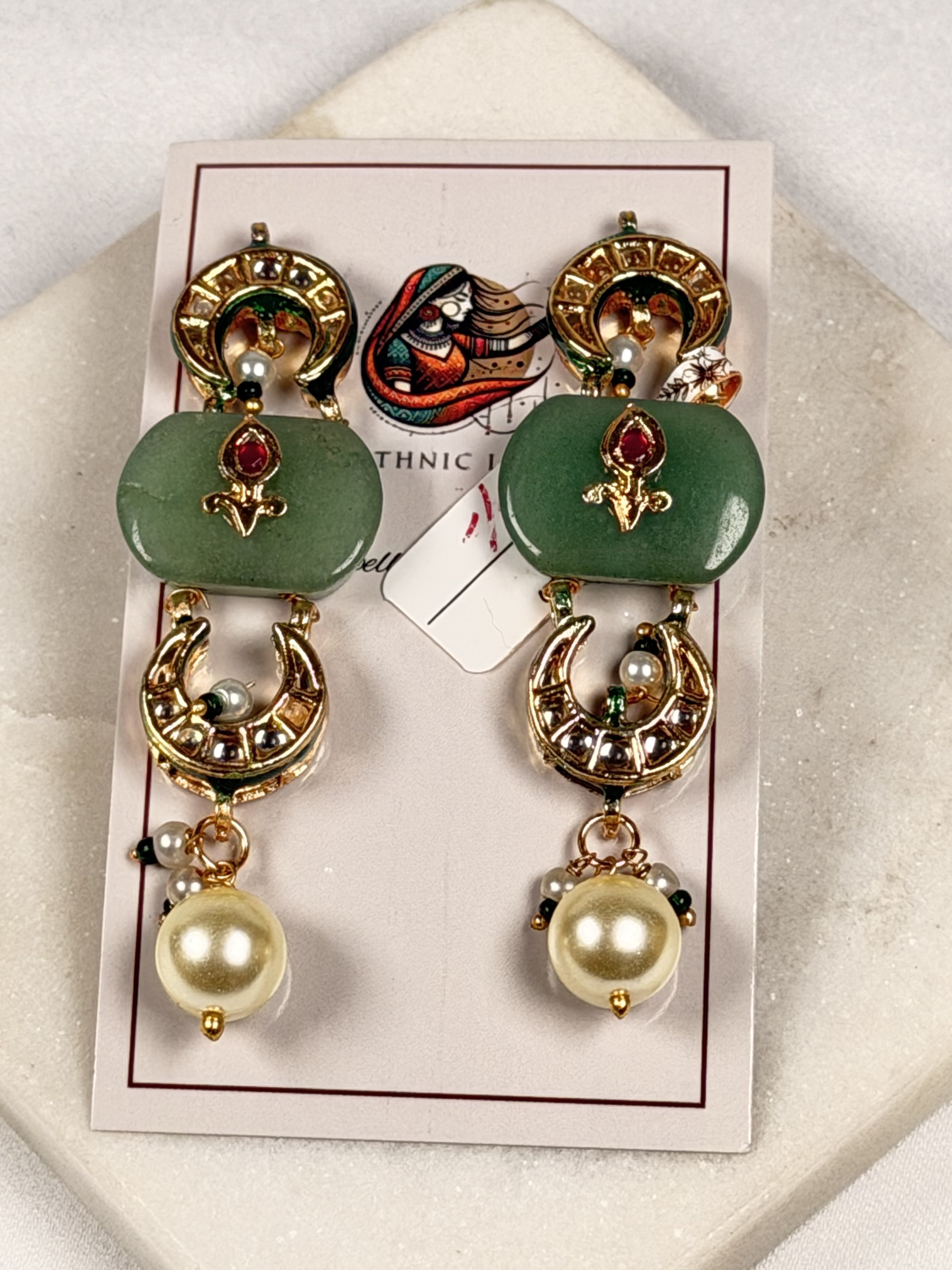 Green Stone Pearl Drop Ethnic Earrings