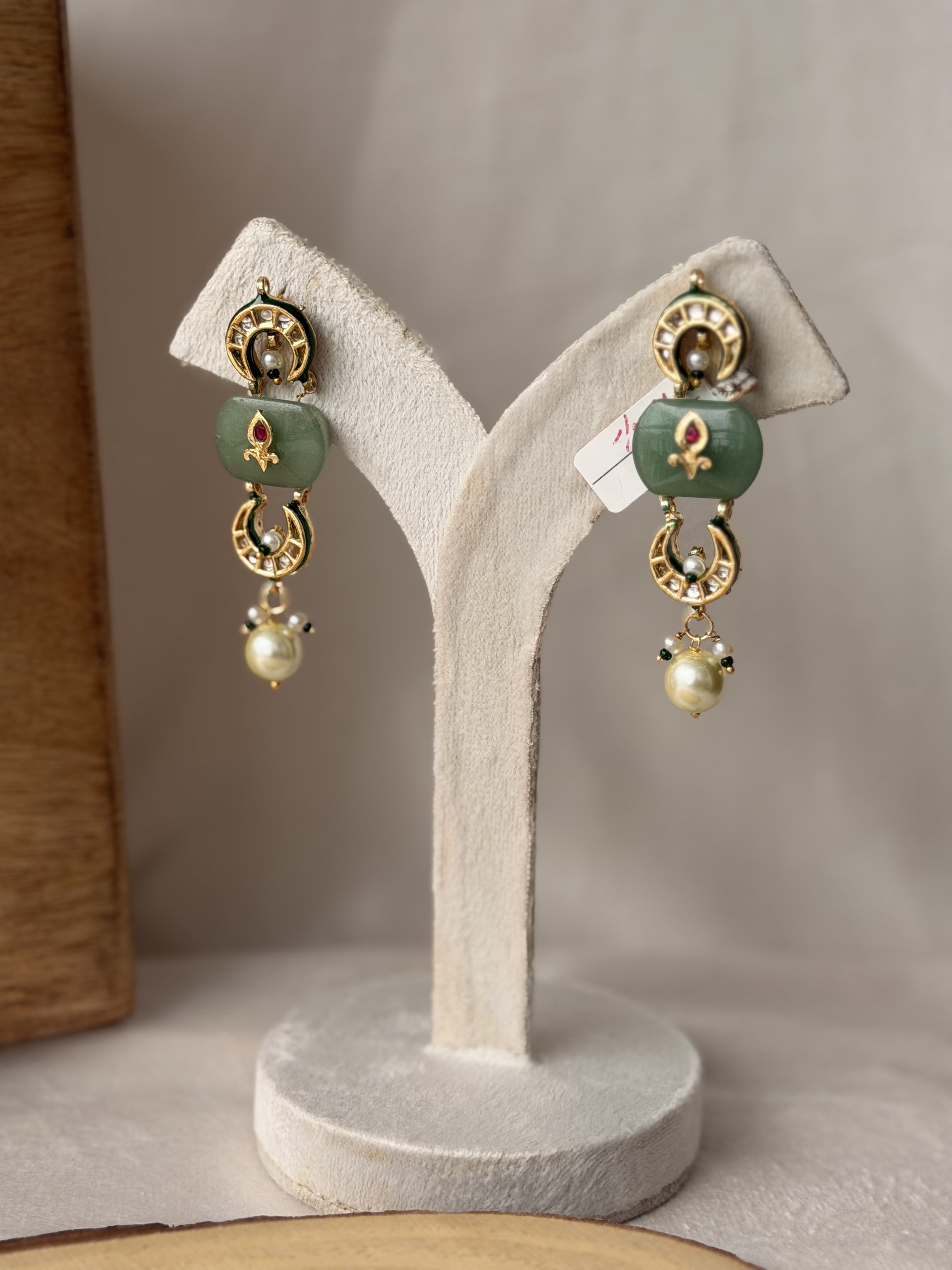 Green Stone Pearl Drop Ethnic Earrings