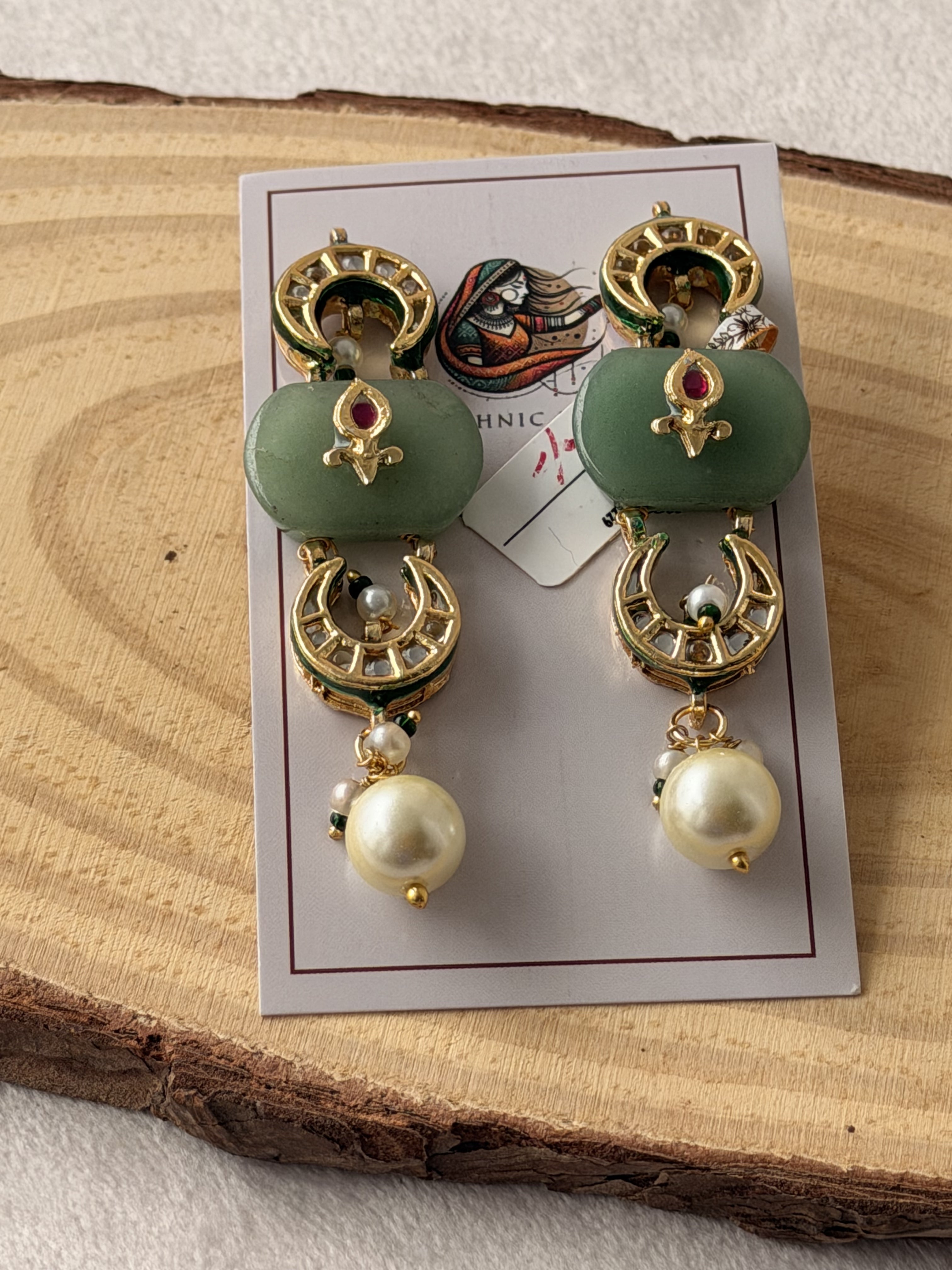 Green Stone Pearl Drop Ethnic Earrings