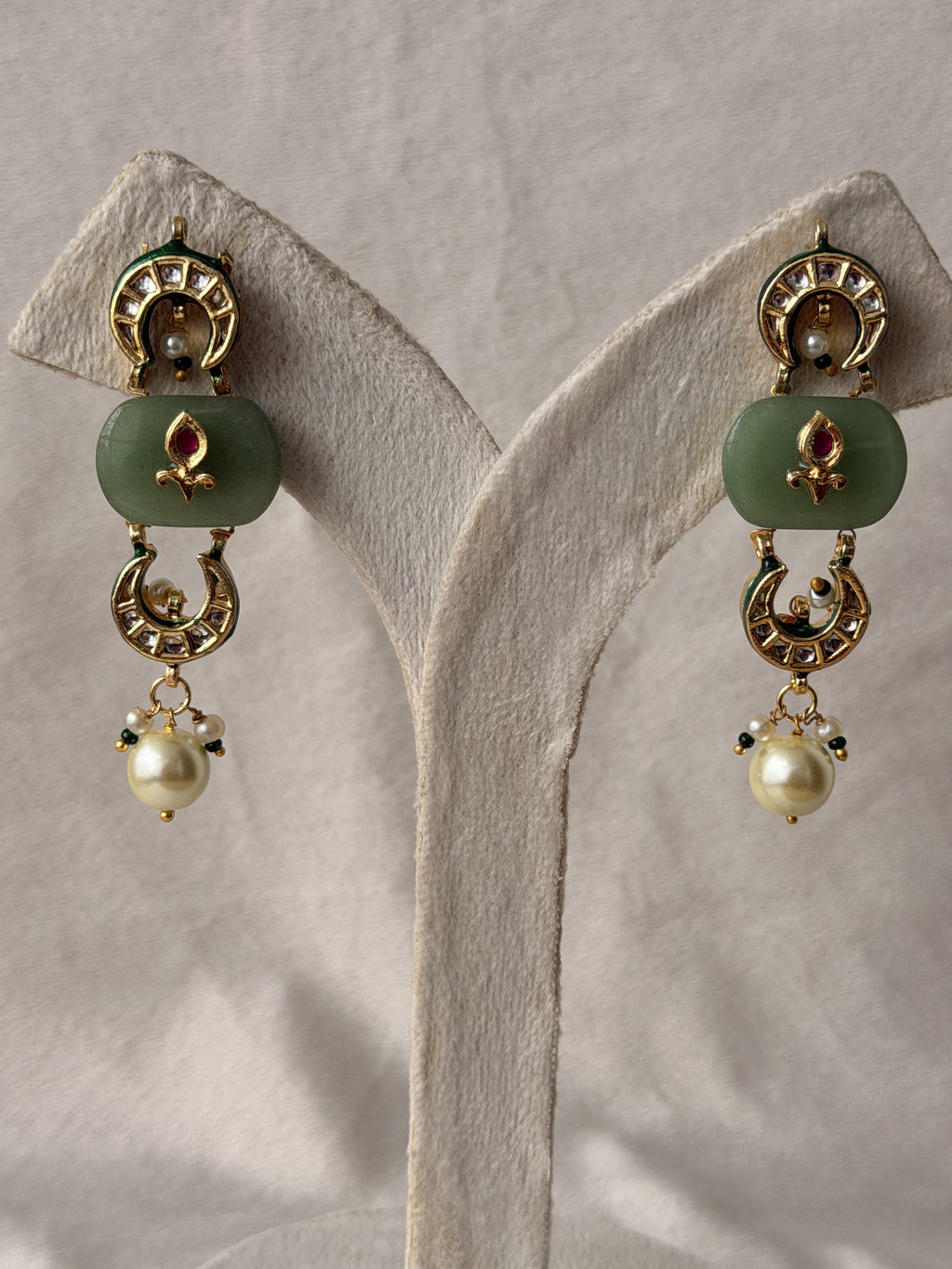 Green Stone Pearl Drop Ethnic Earrings