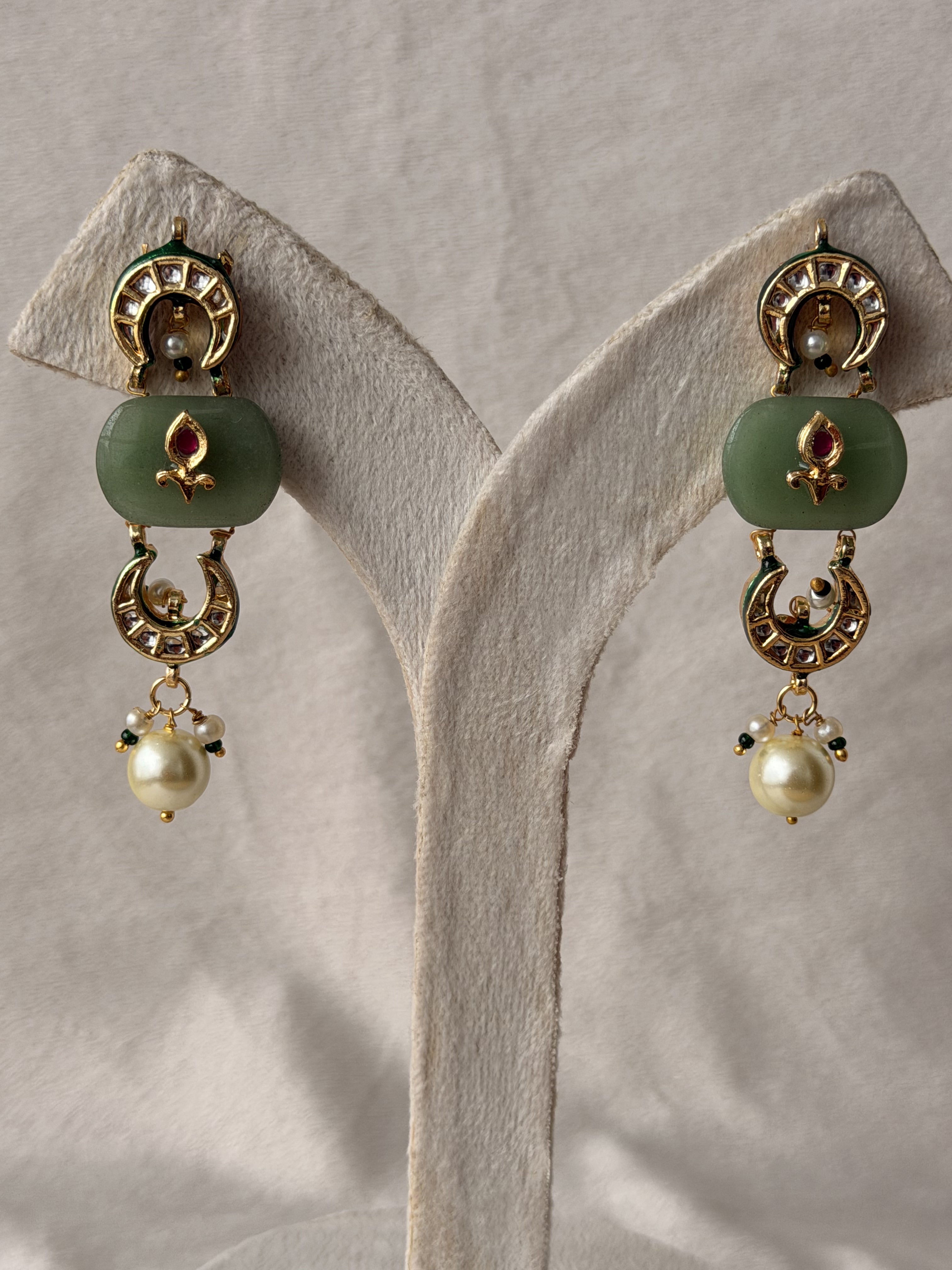 Green Stone Pearl Drop Ethnic Earrings