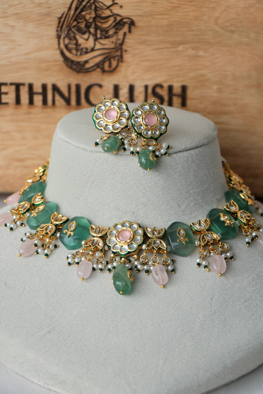 Green Chalcedony Pachi Kundan Pink Stone Ethnic Necklace Set