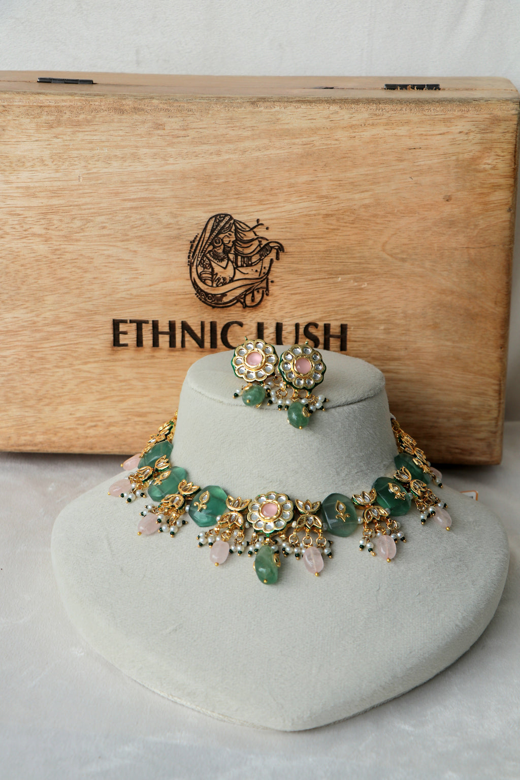 Green Chalcedony Pachi Kundan Pink Stone Ethnic Necklace Set
