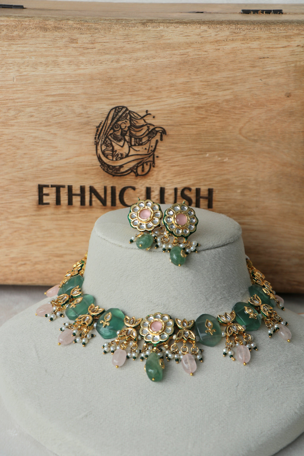 Green Chalcedony Pachi Kundan Pink Stone Ethnic Necklace Set