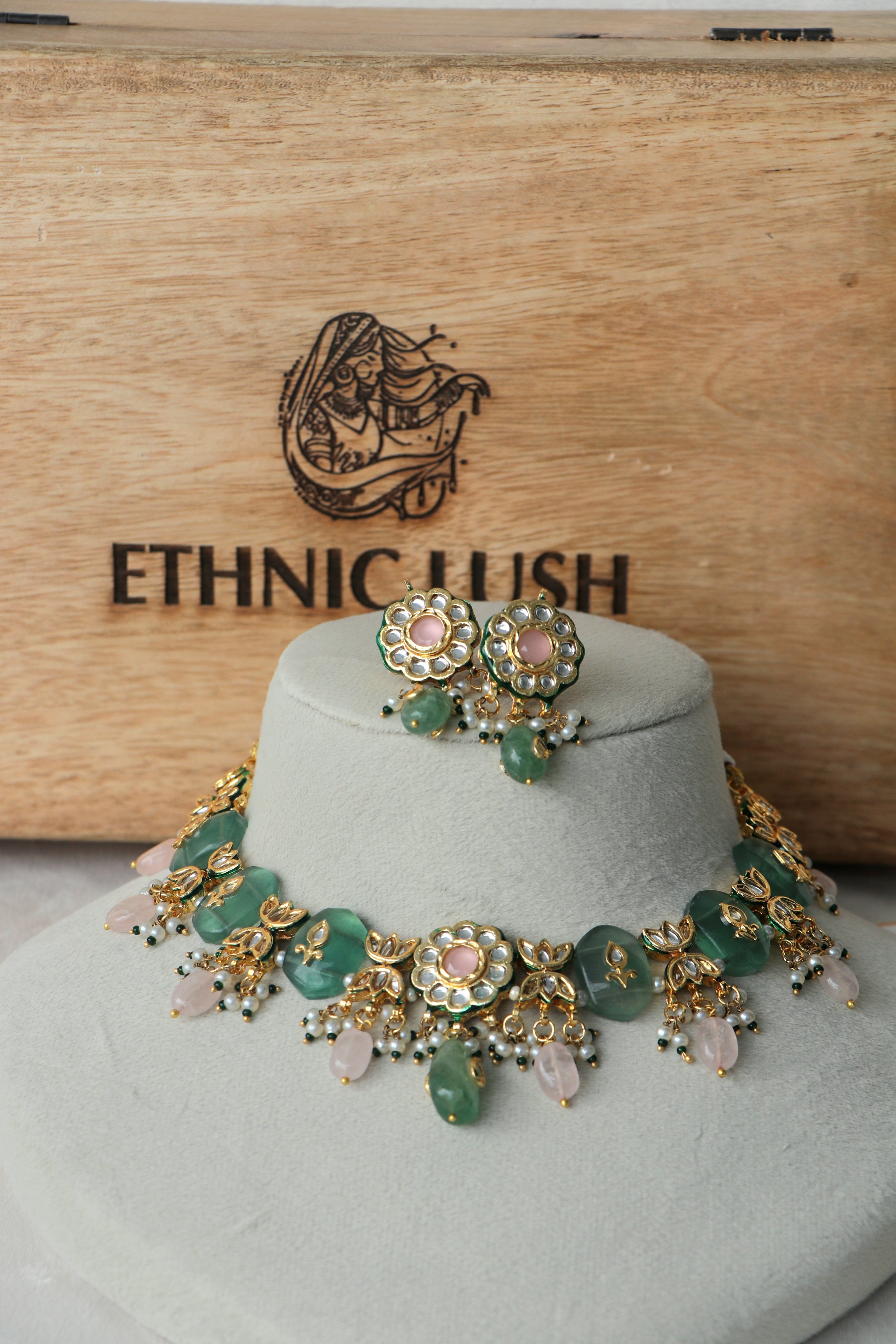 Green Chalcedony Pachi Kundan Pink Stone Ethnic Necklace Set