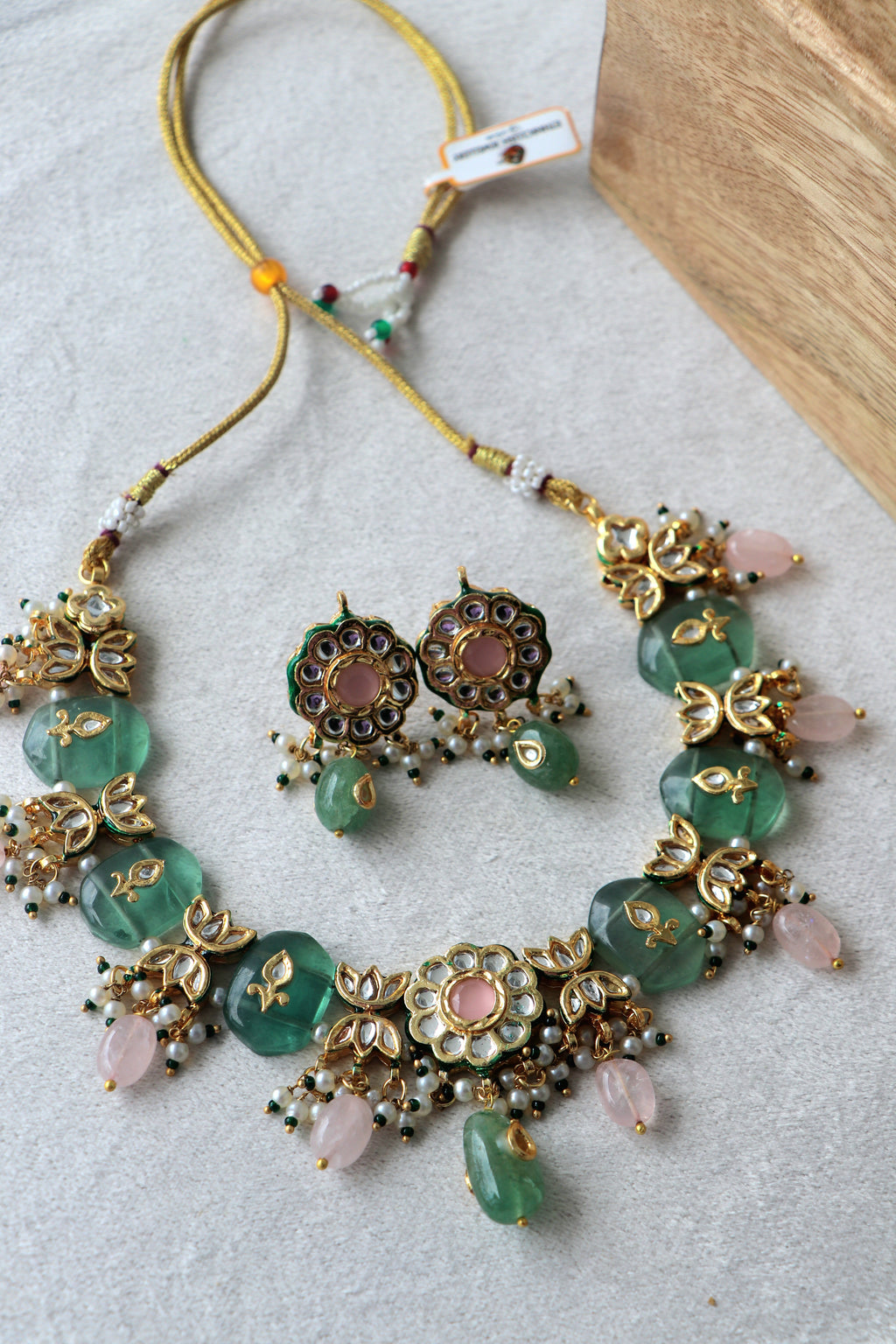 Green Chalcedony Pachi Kundan Pink Stone Ethnic Necklace Set
