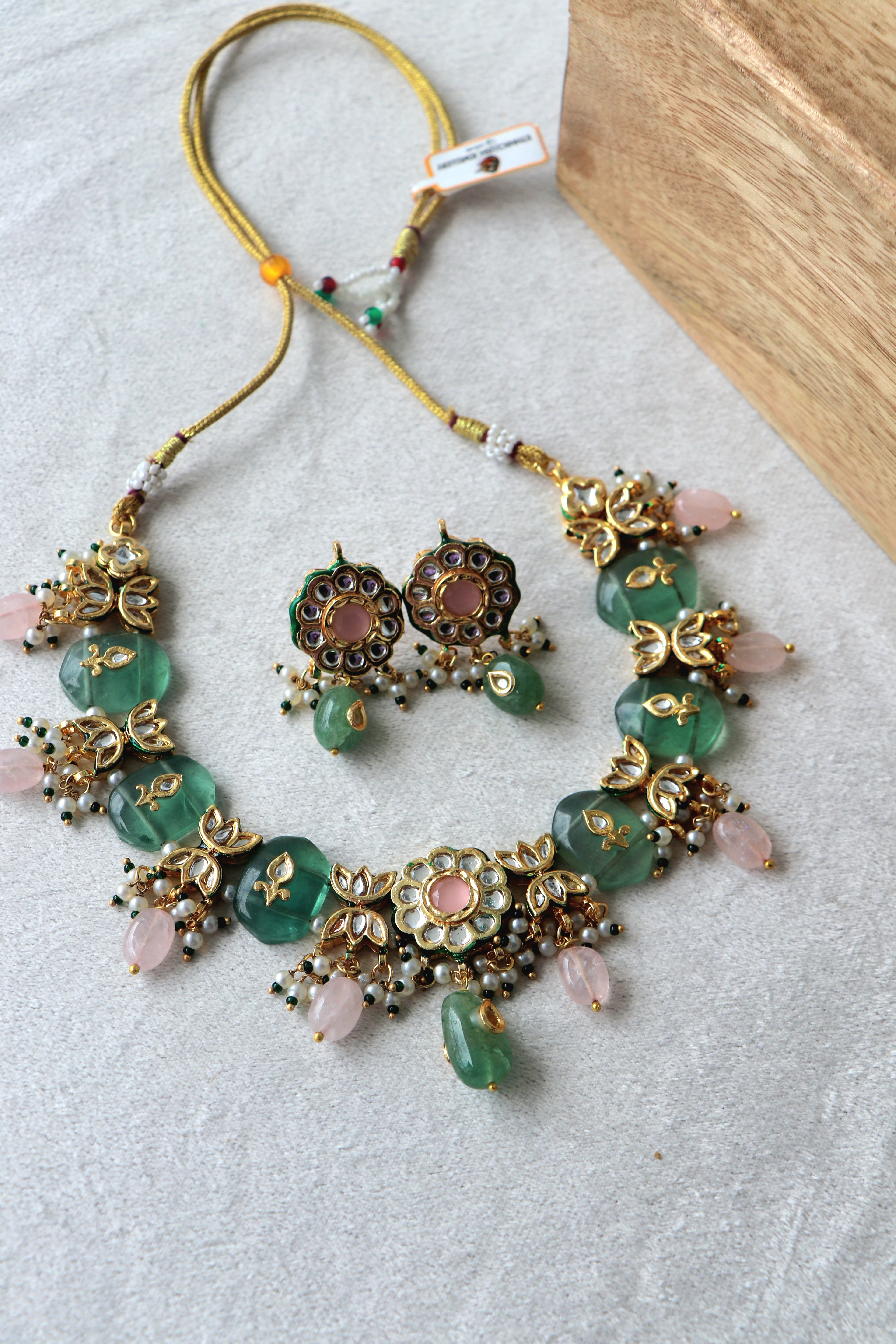 Green Chalcedony Pachi Kundan Pink Stone Ethnic Necklace Set