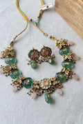 Green Chalcedony Pachi Kundan Pink Stone Ethnic Necklace Set