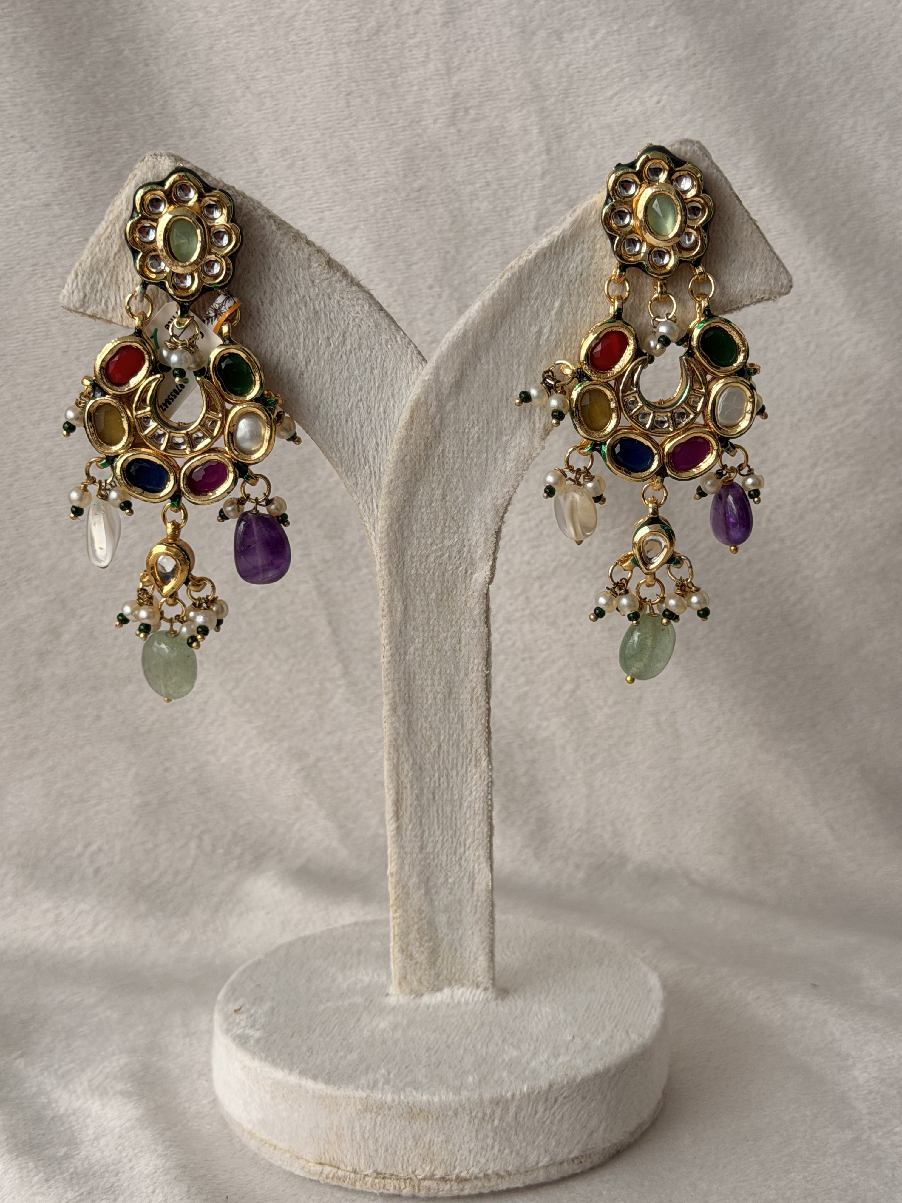 Handcrafted Multi Stone Gold Chandelier Earrings