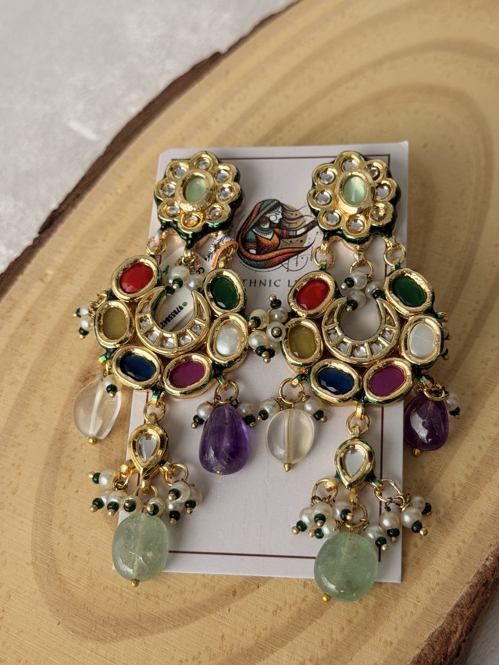 Handcrafted Multi Stone Gold Chandelier Earrings