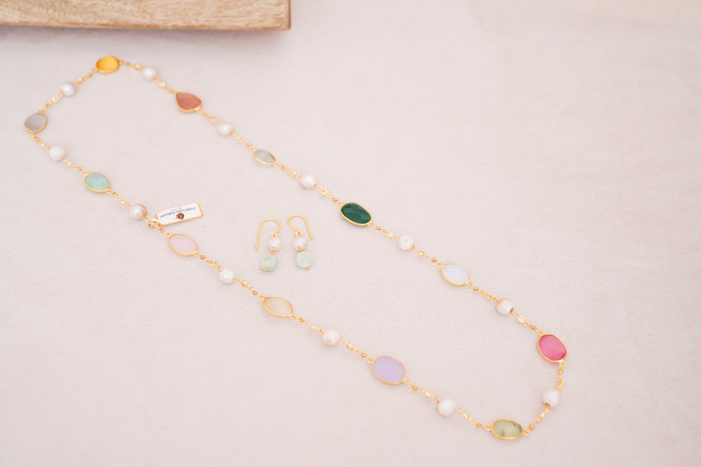 Handcrafted Freshwater Pearl & Multicolor Gemstone Station Necklace with Matching Earrings