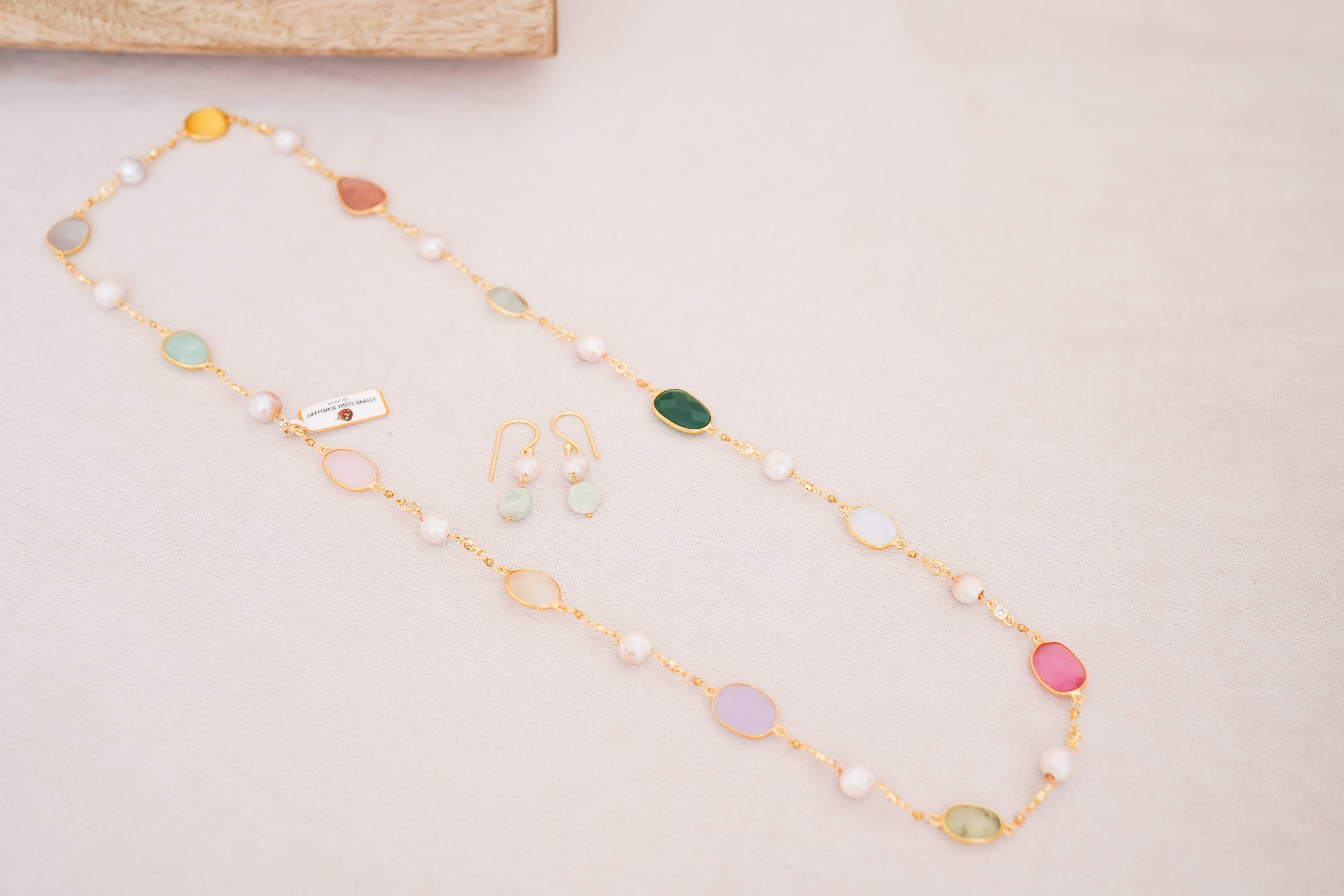 Handcrafted Freshwater Pearl & Multicolor Gemstone Station Necklace with Matching Earrings