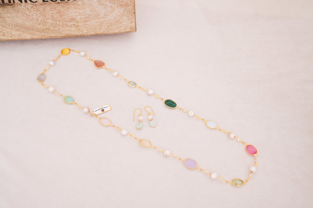 Handcrafted Freshwater Pearl & Multicolor Gemstone Station Necklace with Matching Earrings