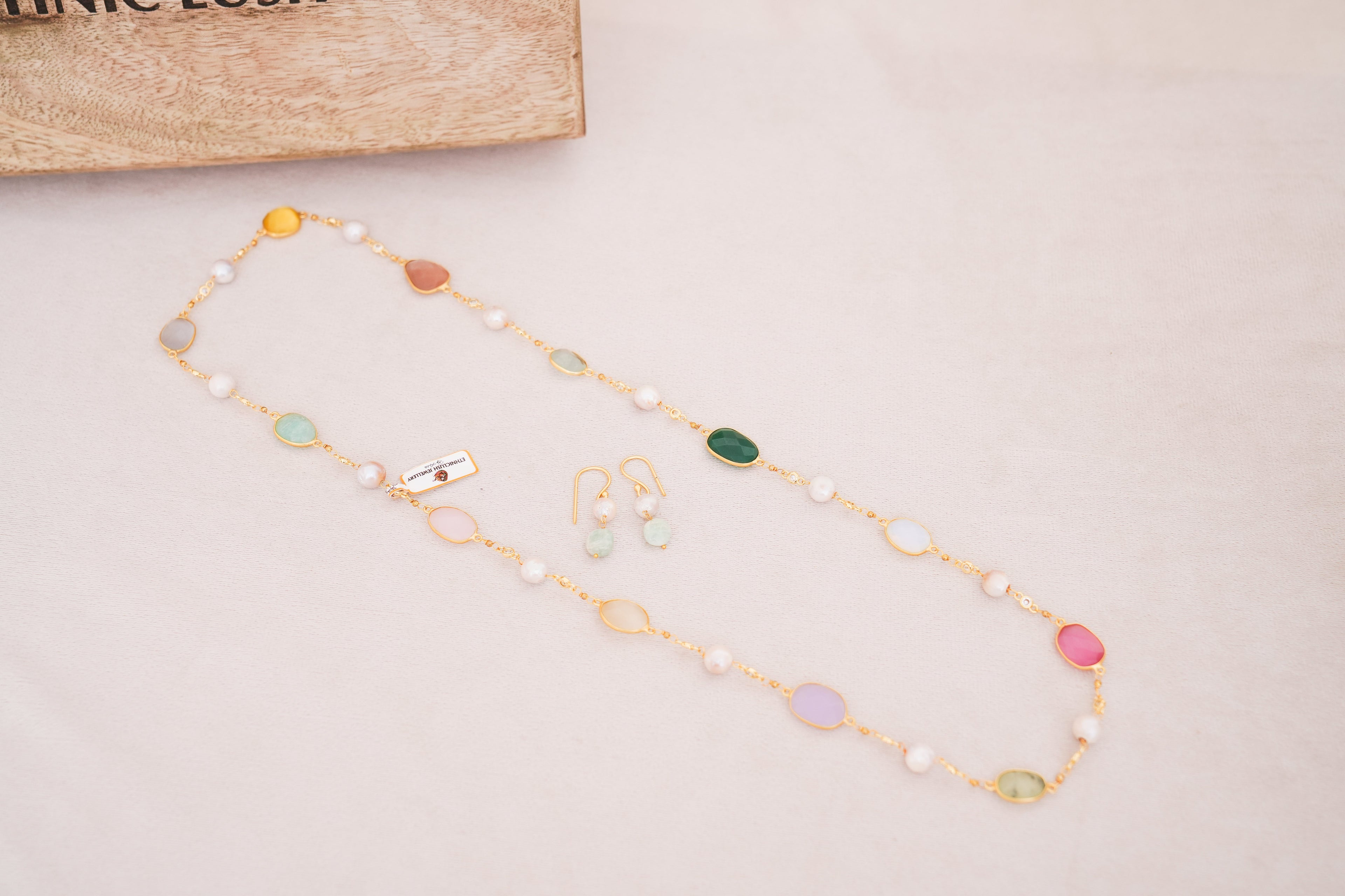 Handcrafted Freshwater Pearl & Multicolor Gemstone Station Necklace with Matching Earrings