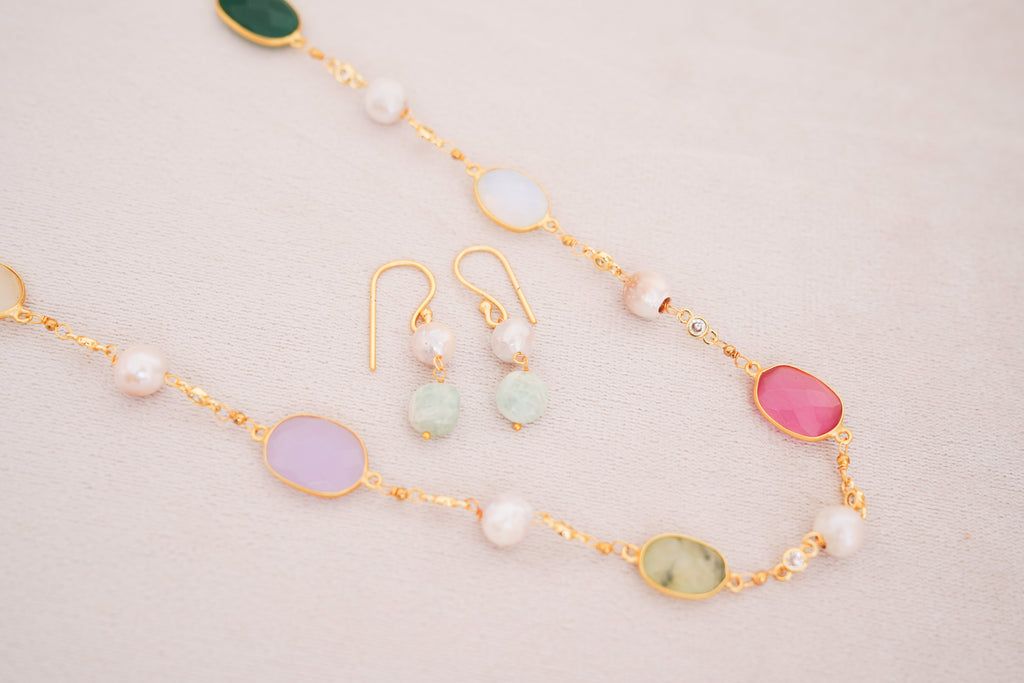 Handcrafted Freshwater Pearl & Multicolor Gemstone Station Necklace with Matching Earrings