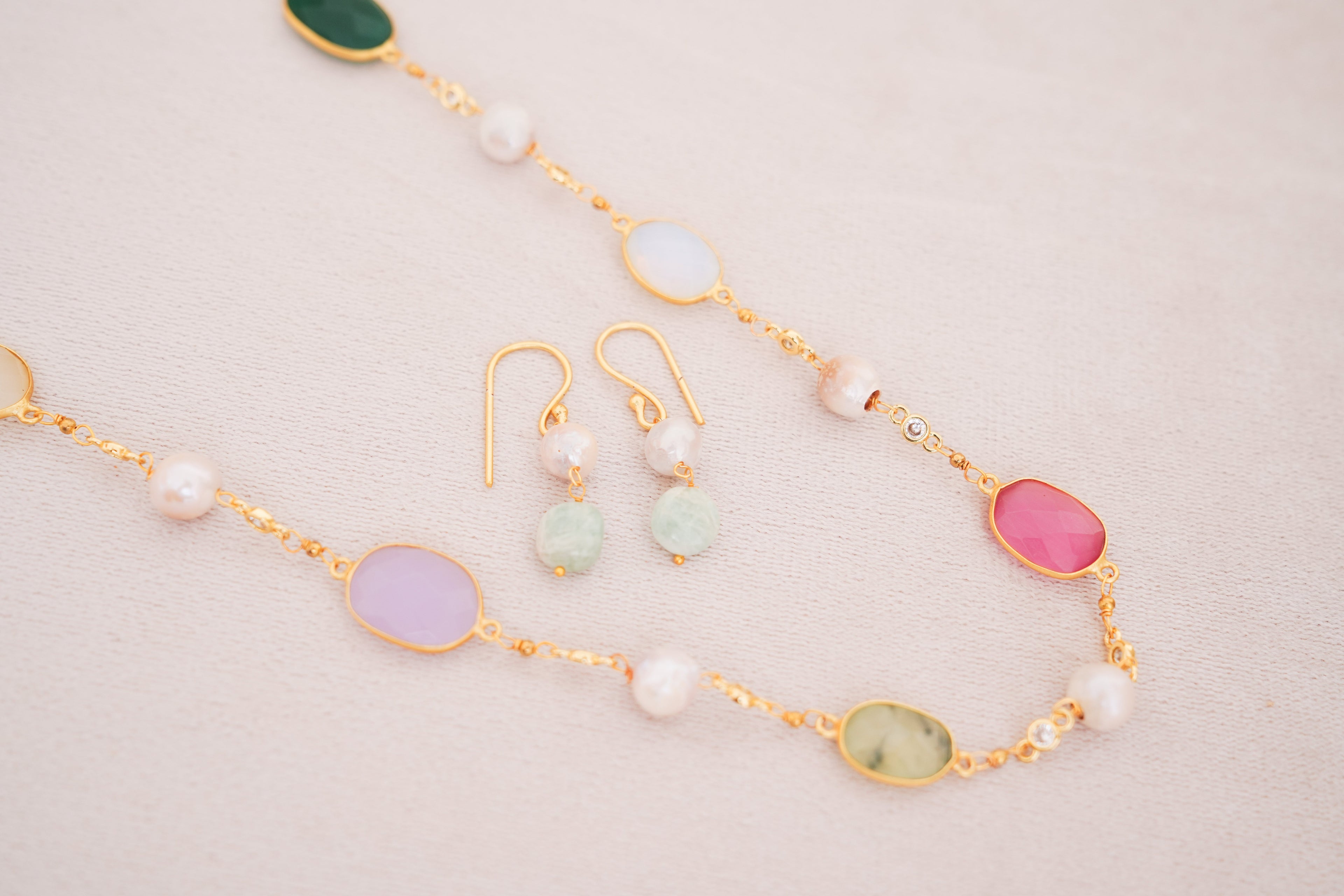 Handcrafted Freshwater Pearl & Multicolor Gemstone Station Necklace with Matching Earrings