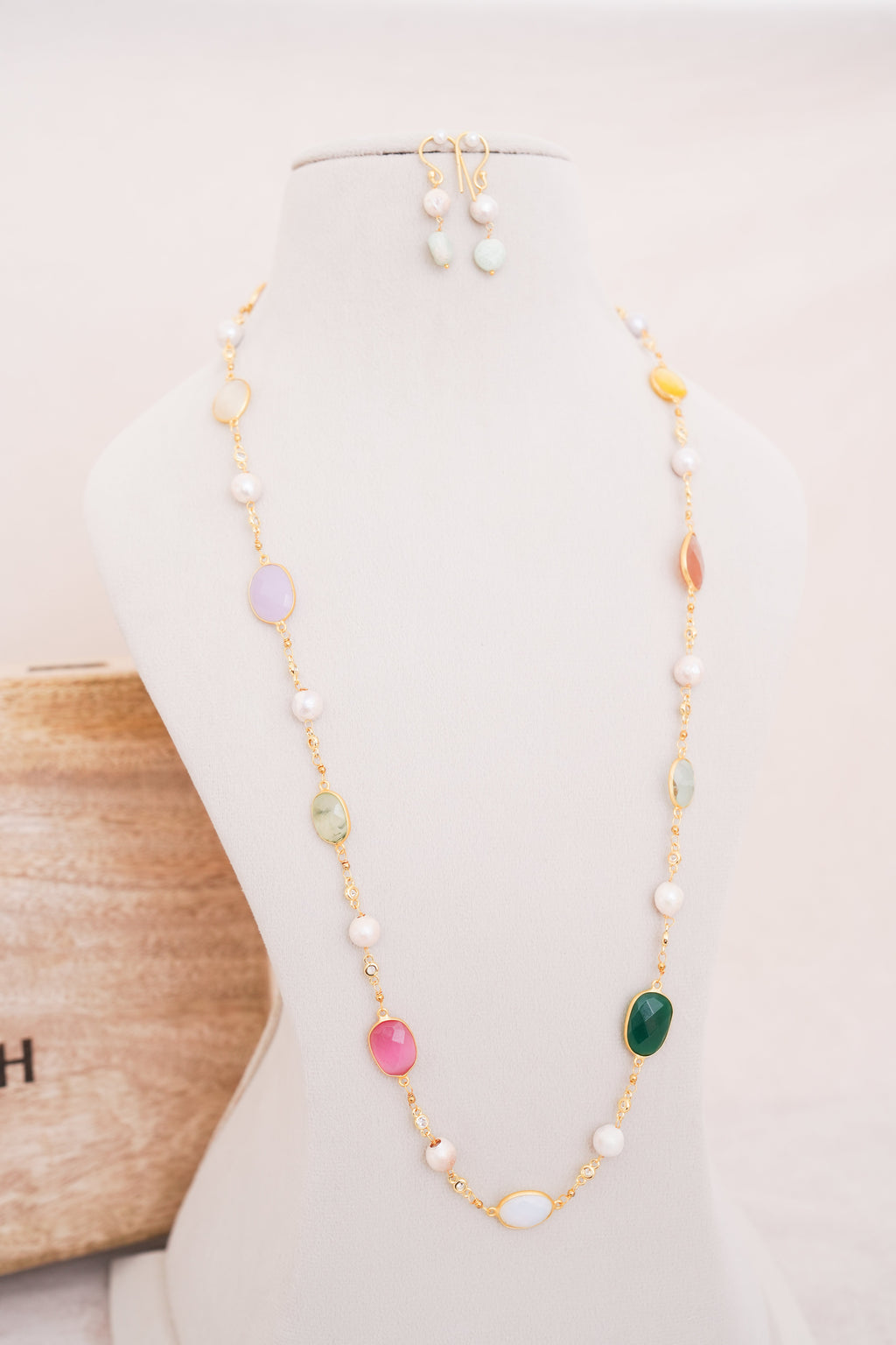 Handcrafted Freshwater Pearl & Multicolor Gemstone Station Necklace with Matching Earrings