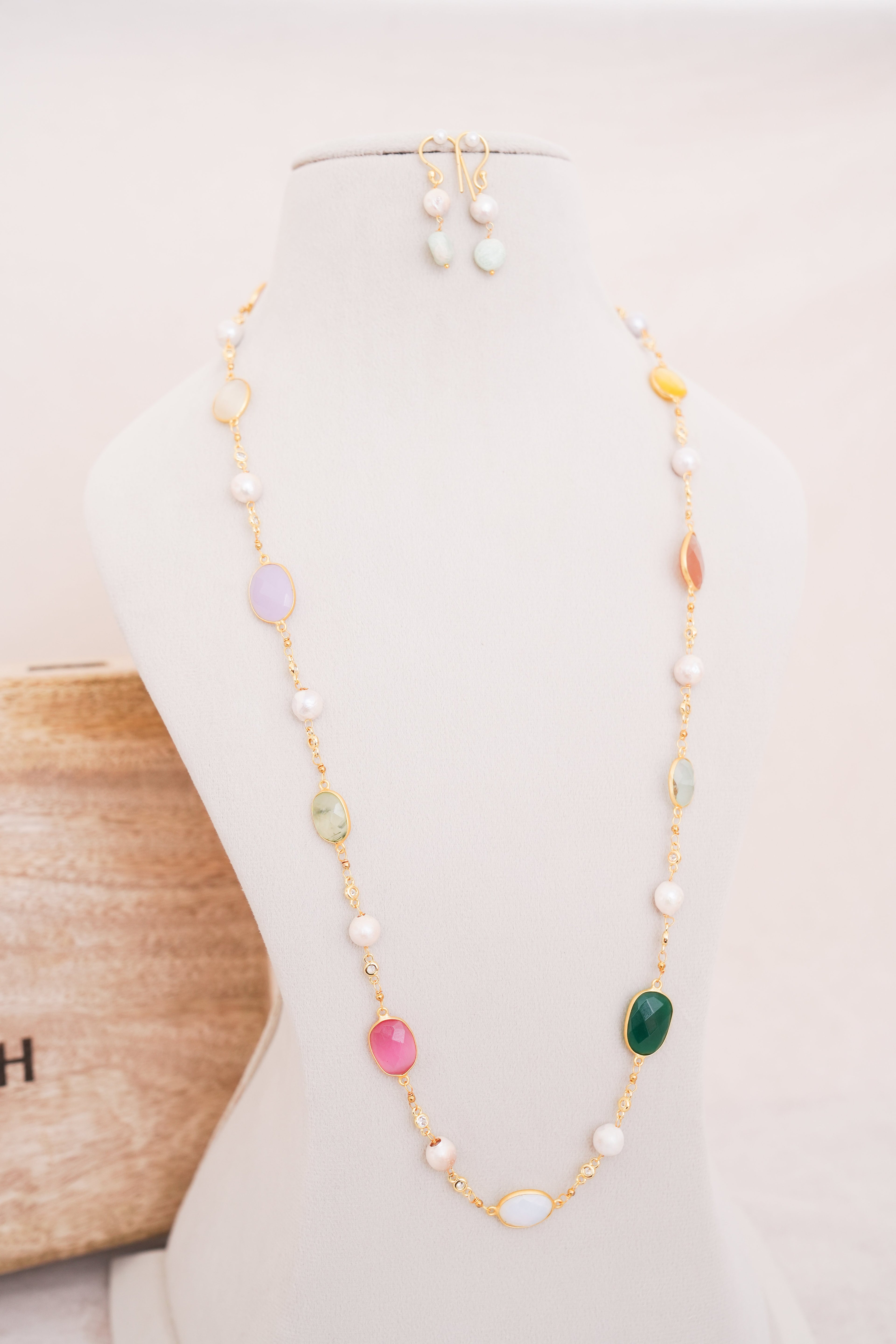 Handcrafted Freshwater Pearl & Multicolor Gemstone Station Necklace with Matching Earrings