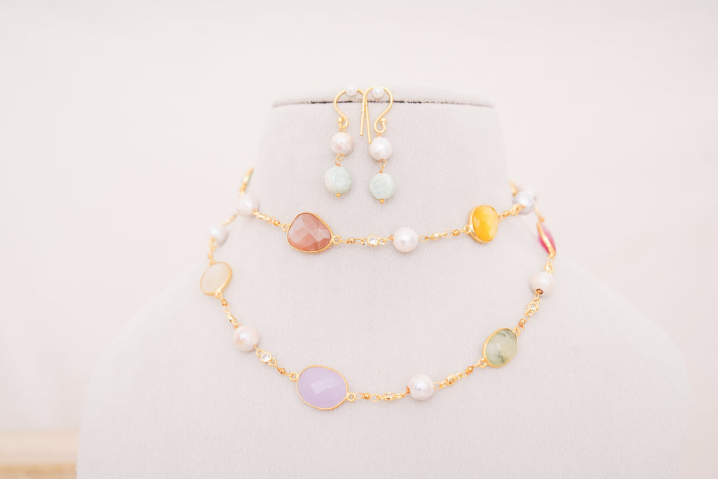 Handcrafted Freshwater Pearl & Multicolor Gemstone Station Necklace with Matching Earrings