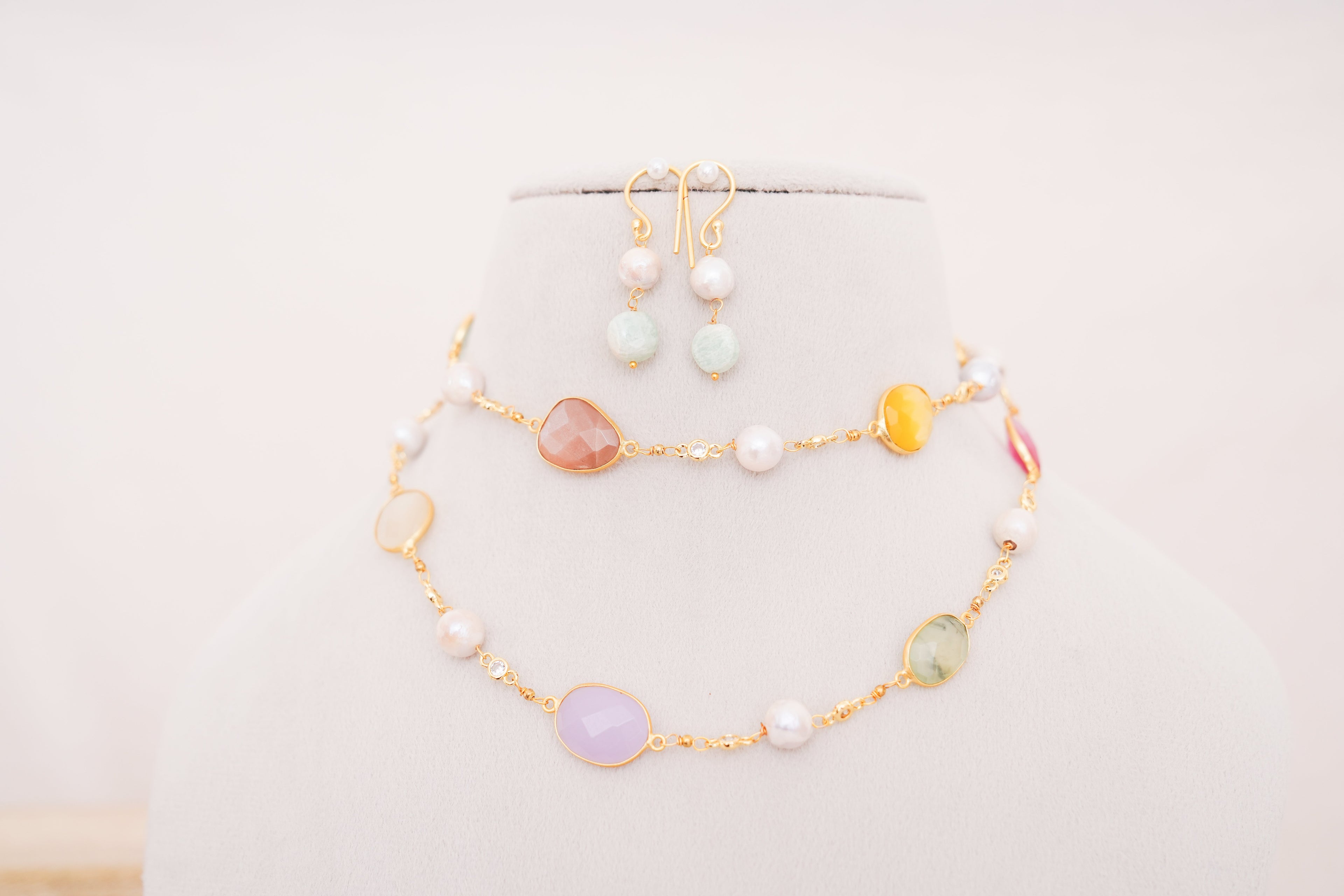 Handcrafted Freshwater Pearl & Multicolor Gemstone Station Necklace with Matching Earrings