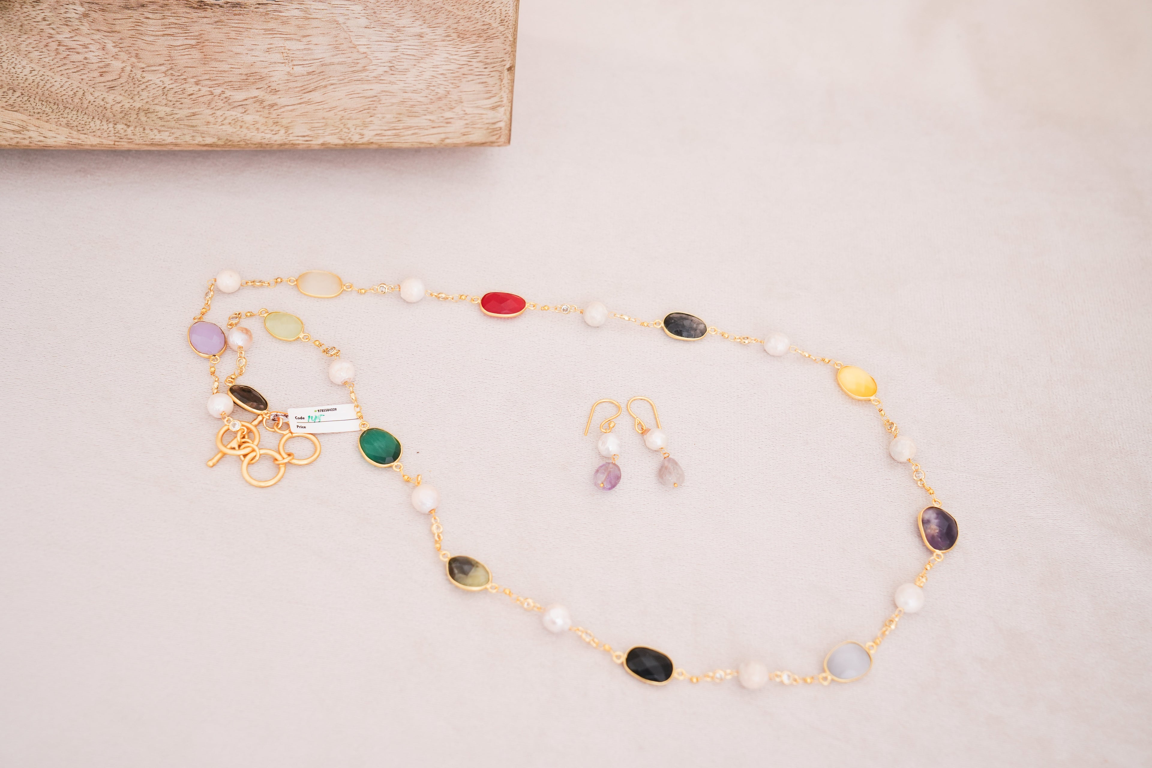 Handcrafted Multicolor Gemstone & Freshwater Pearl Station Necklace with Matching Earrings