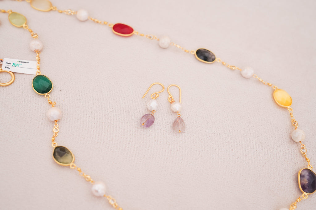 Handcrafted Multicolor Gemstone & Freshwater Pearl Station Necklace with Matching Earrings