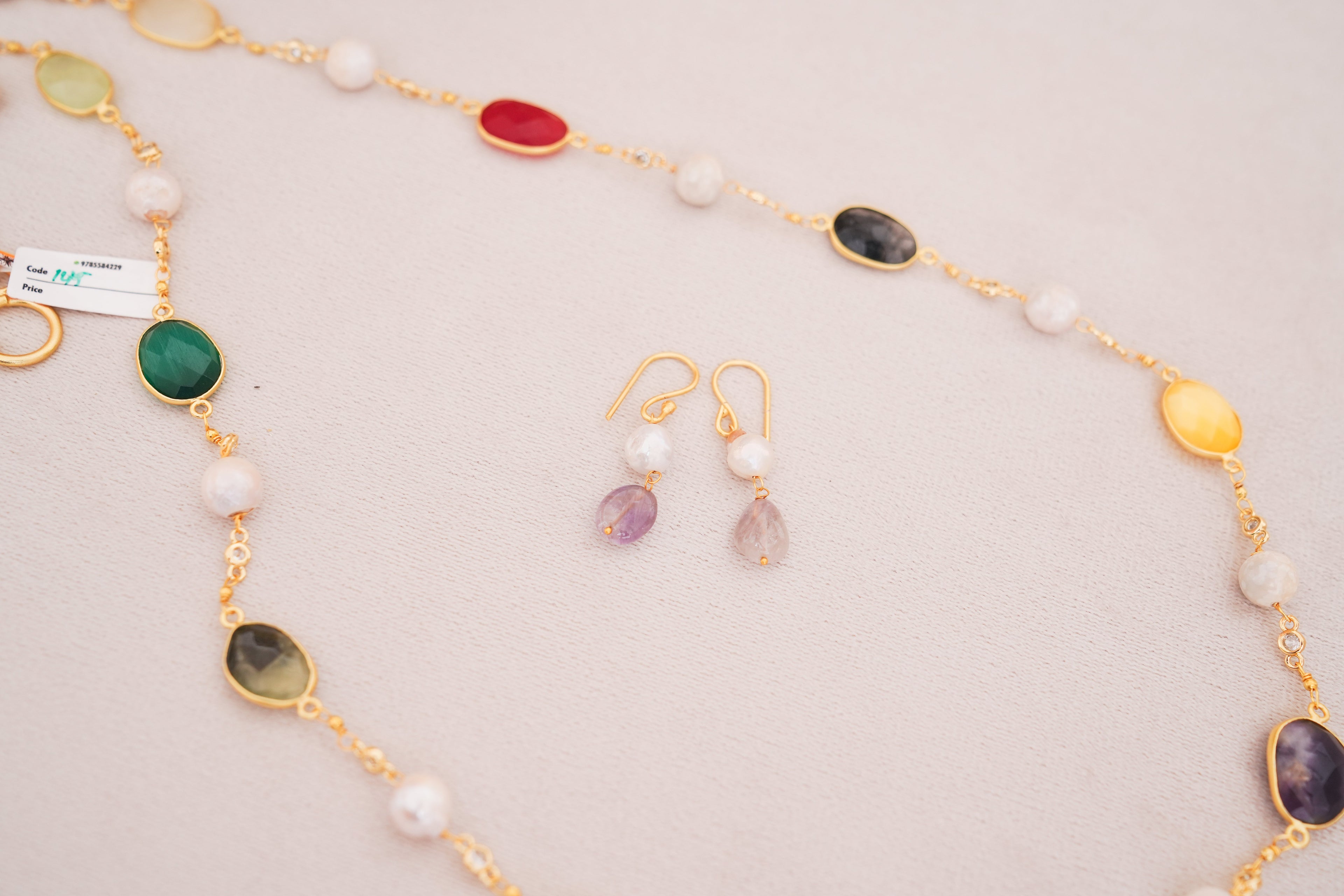 Handcrafted Multicolor Gemstone & Freshwater Pearl Station Necklace with Matching Earrings