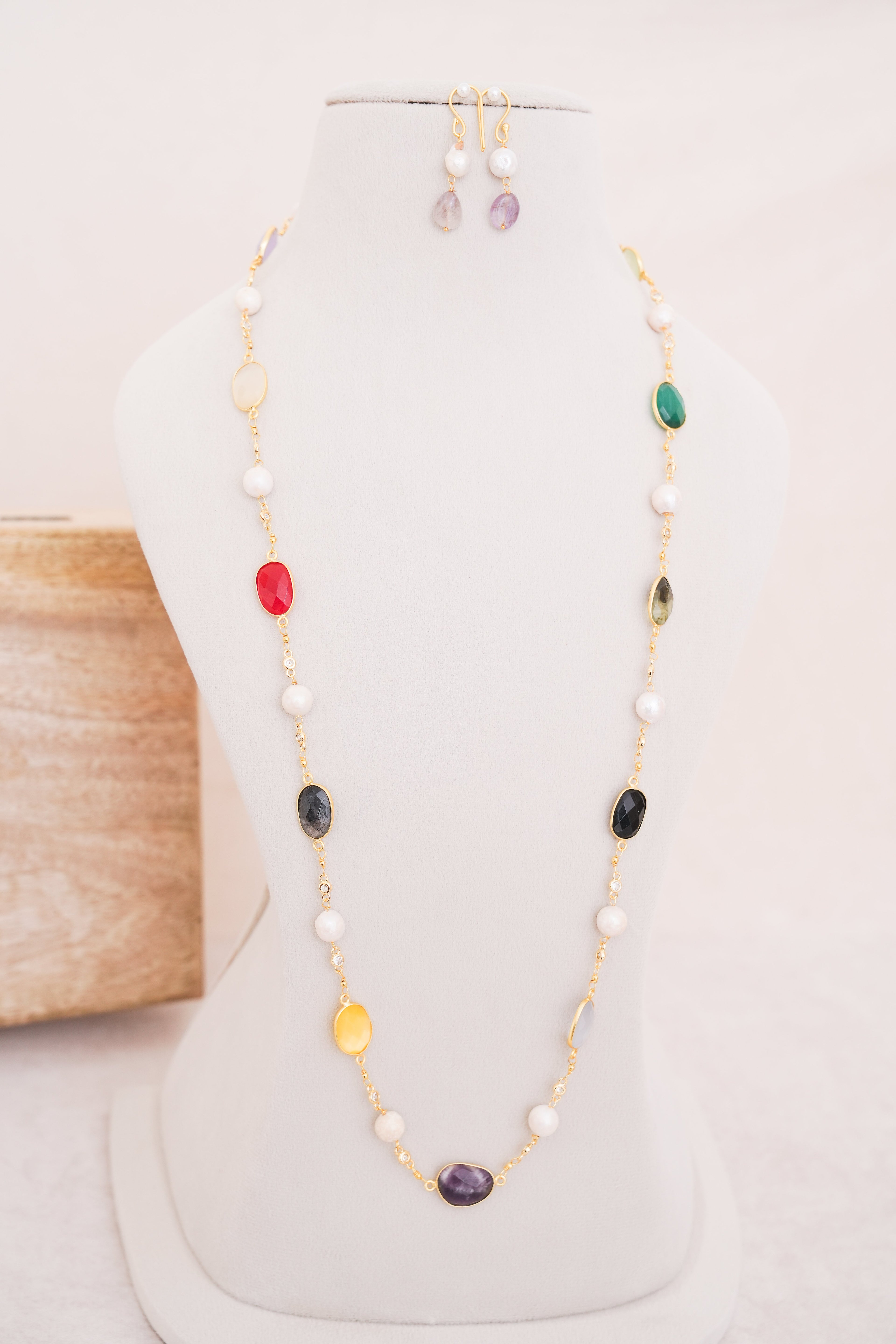 Handcrafted Multicolor Gemstone & Freshwater Pearl Station Necklace with Matching Earrings