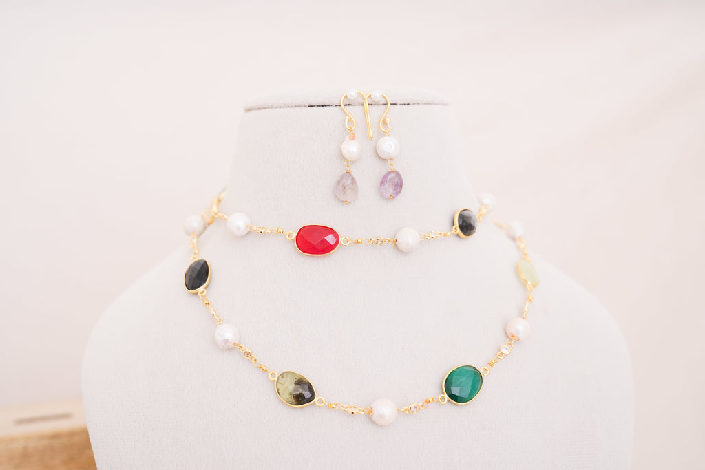 Handcrafted Multicolor Gemstone & Freshwater Pearl Station Necklace with Matching Earrings