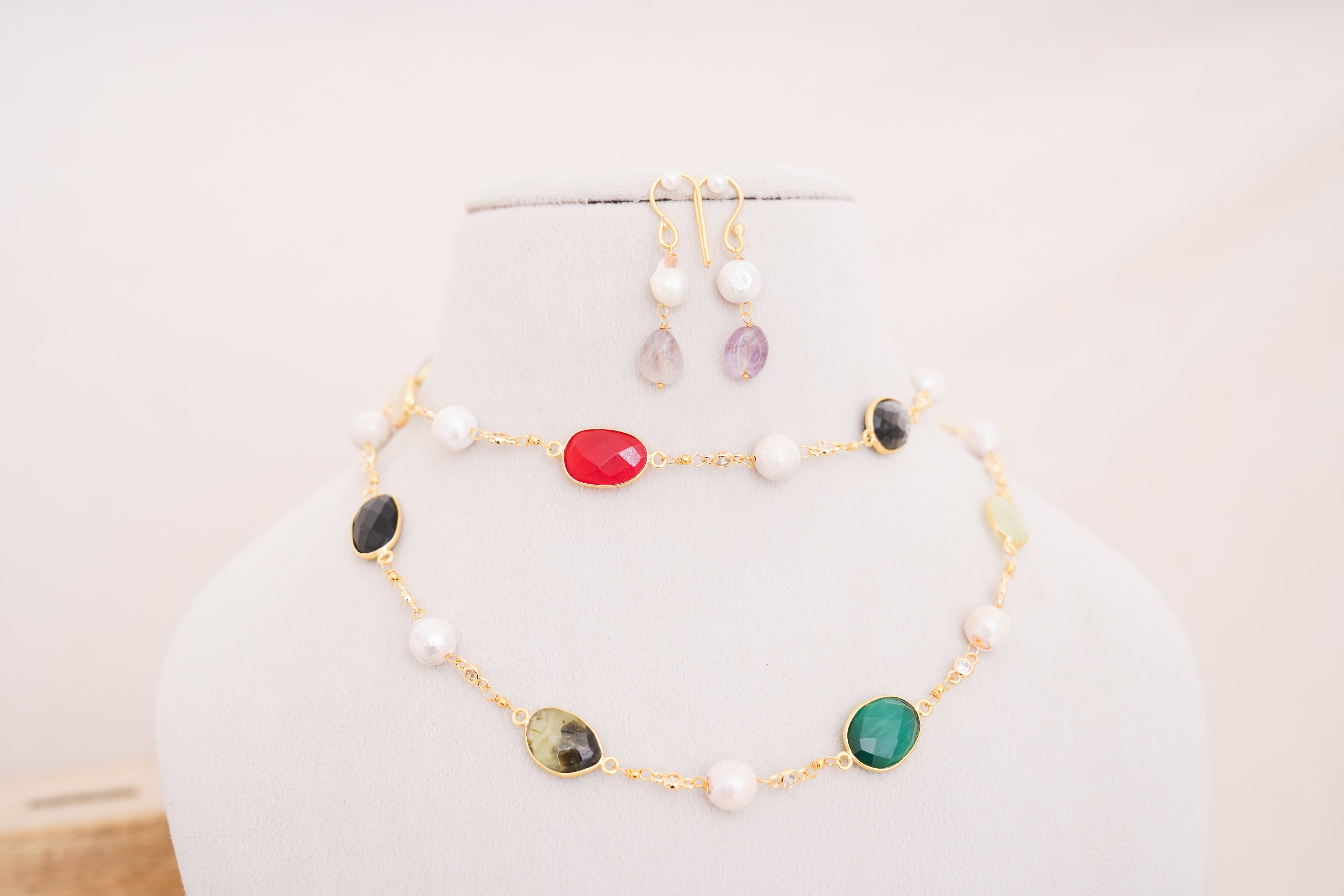 Handcrafted Multicolor Gemstone & Freshwater Pearl Station Necklace with Matching Earrings