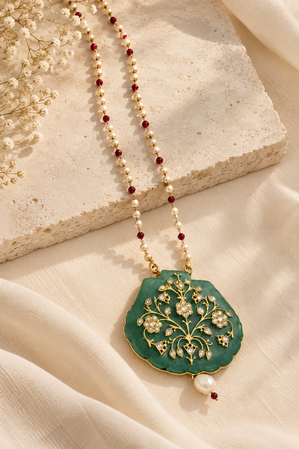 Green Stone Kundan Jadau Pendant Necklace with Detachable Pearl Ruby Mala