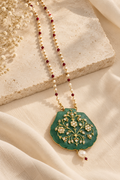 Green Stone Kundan Jadau Pendant Necklace with Detachable Pearl Ruby Mala