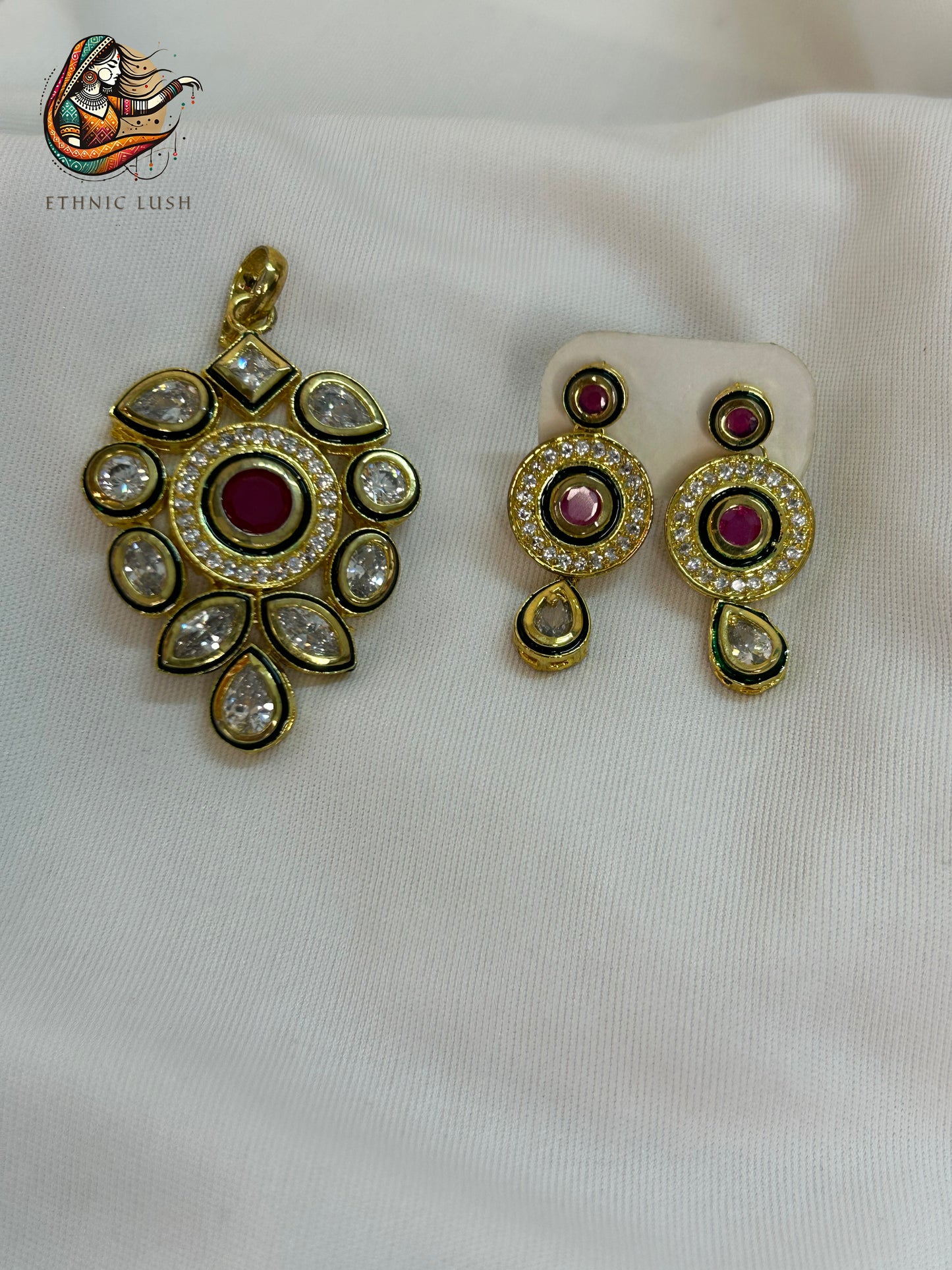 Kundan Pendant and Earrings Set with Ruby Accents