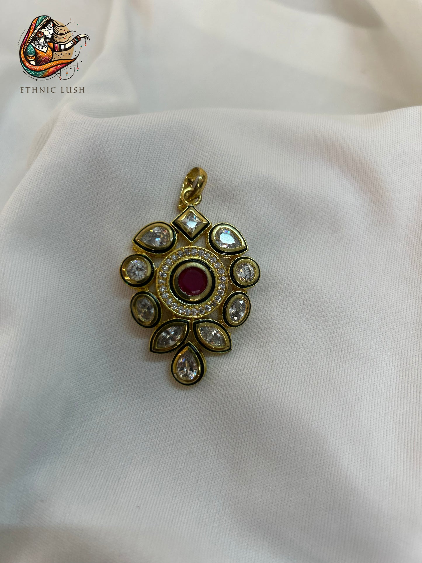 Kundan Pendant and Earrings Set with Ruby Accents