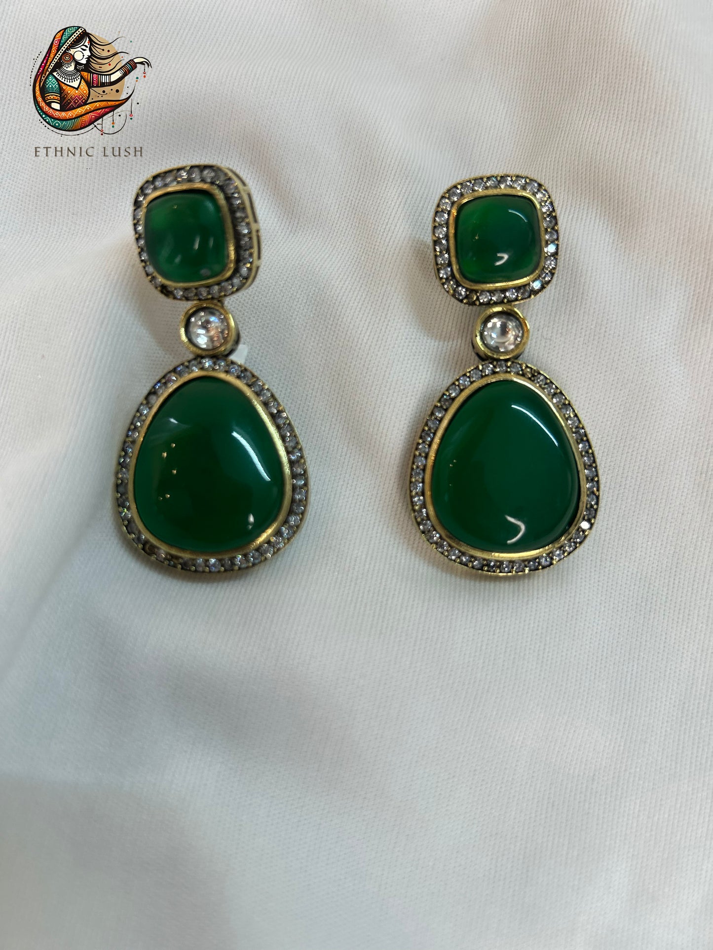 Green Stone Drop Earrings with CZ Diamond Halo