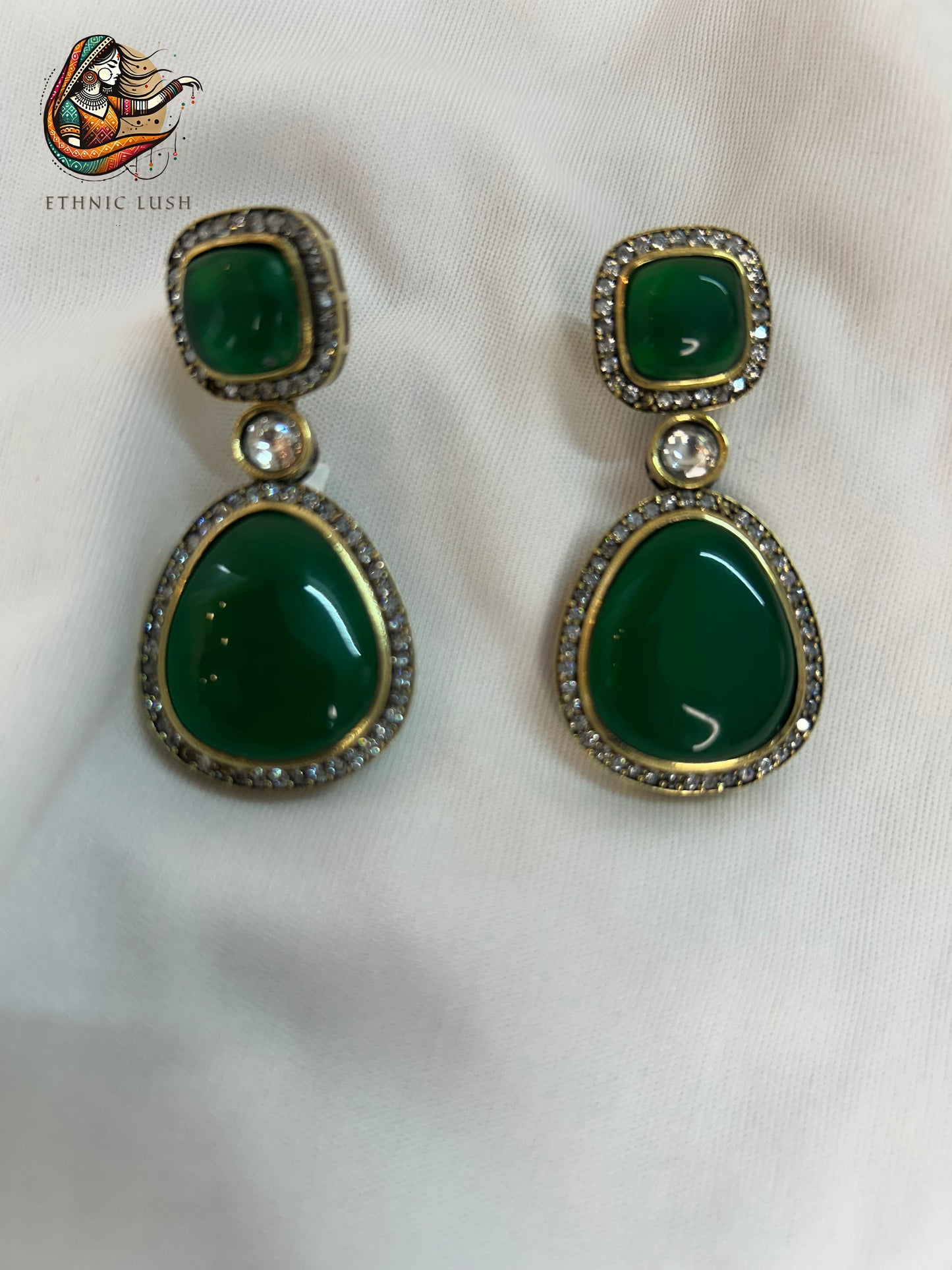 Green Stone Drop Earrings with CZ Diamond Halo