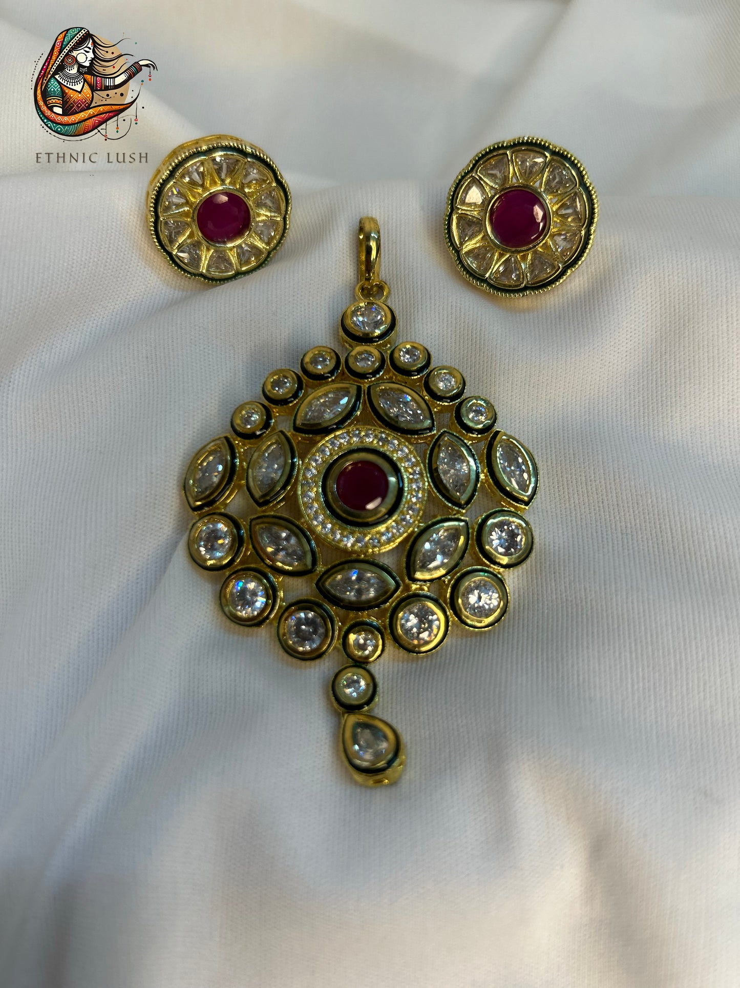 Grand Kundan Pendant and Earrings Set with Ruby Center